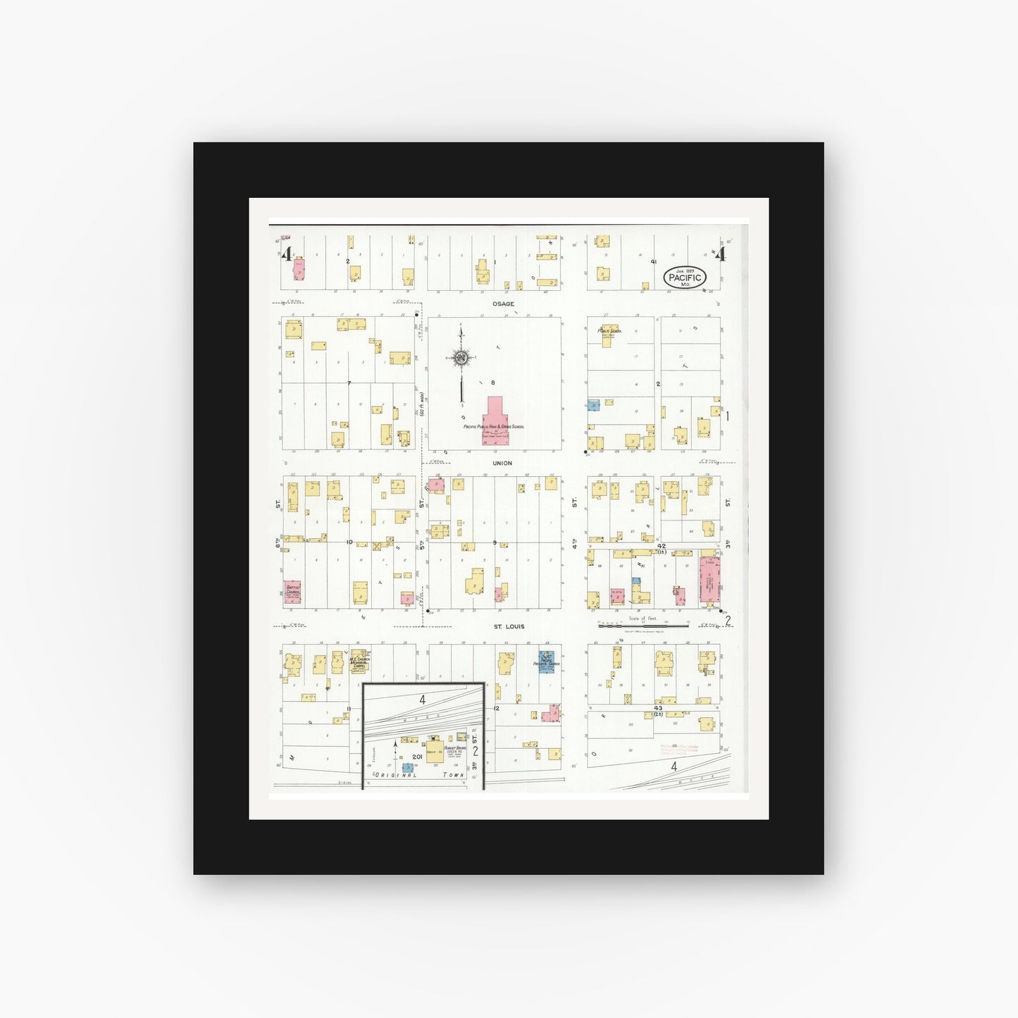 Old map wall art mockup — black gallery frame with white mat — Sanborn Fire Insurance Map from Pacific, Franklin County, Missouri (1929), Sheet #0004