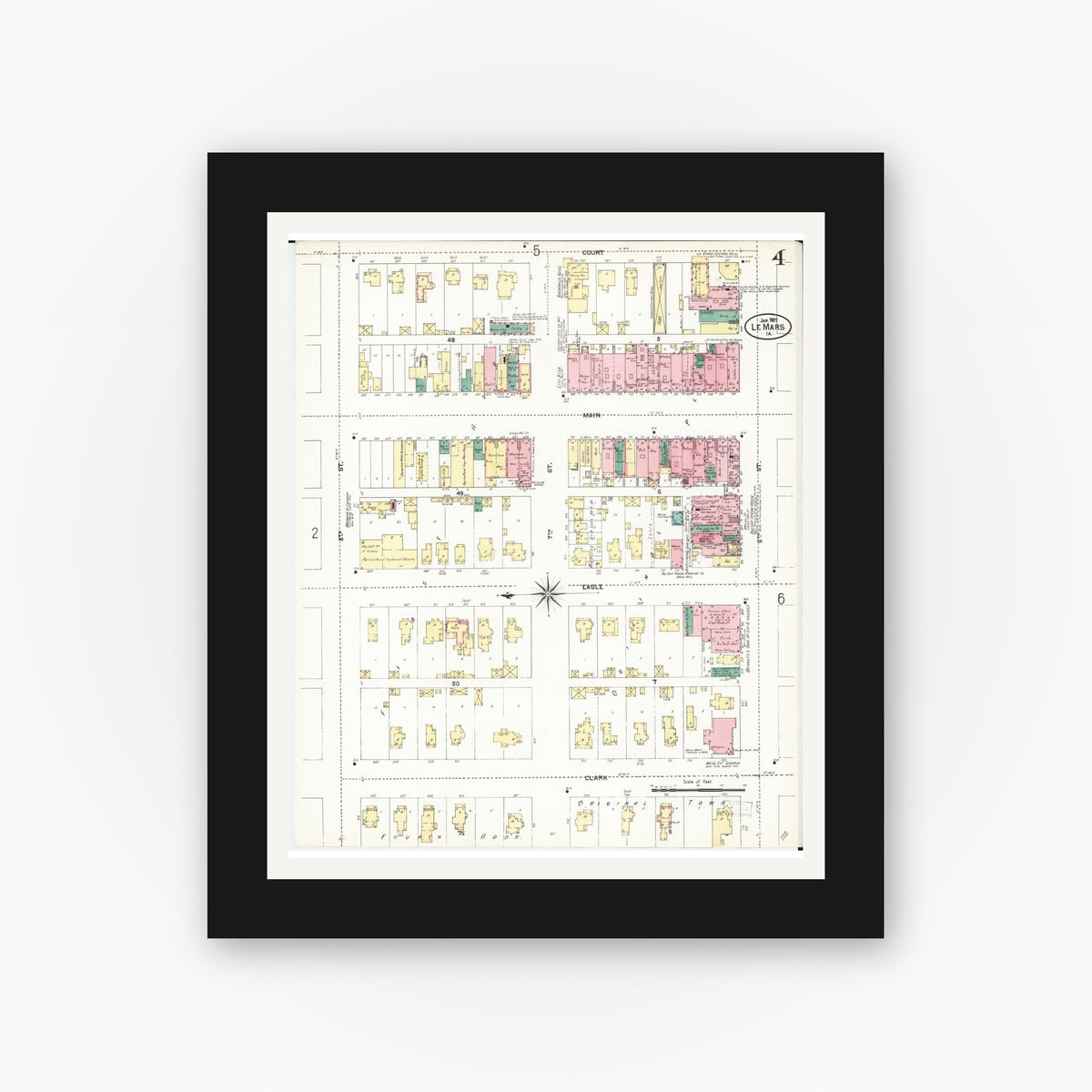 Old map wall art mockup — black gallery frame with white mat — Sanborn Fire Insurance Map from Le Mars, Plymouth County, Iowa (1907), Sheet #0004