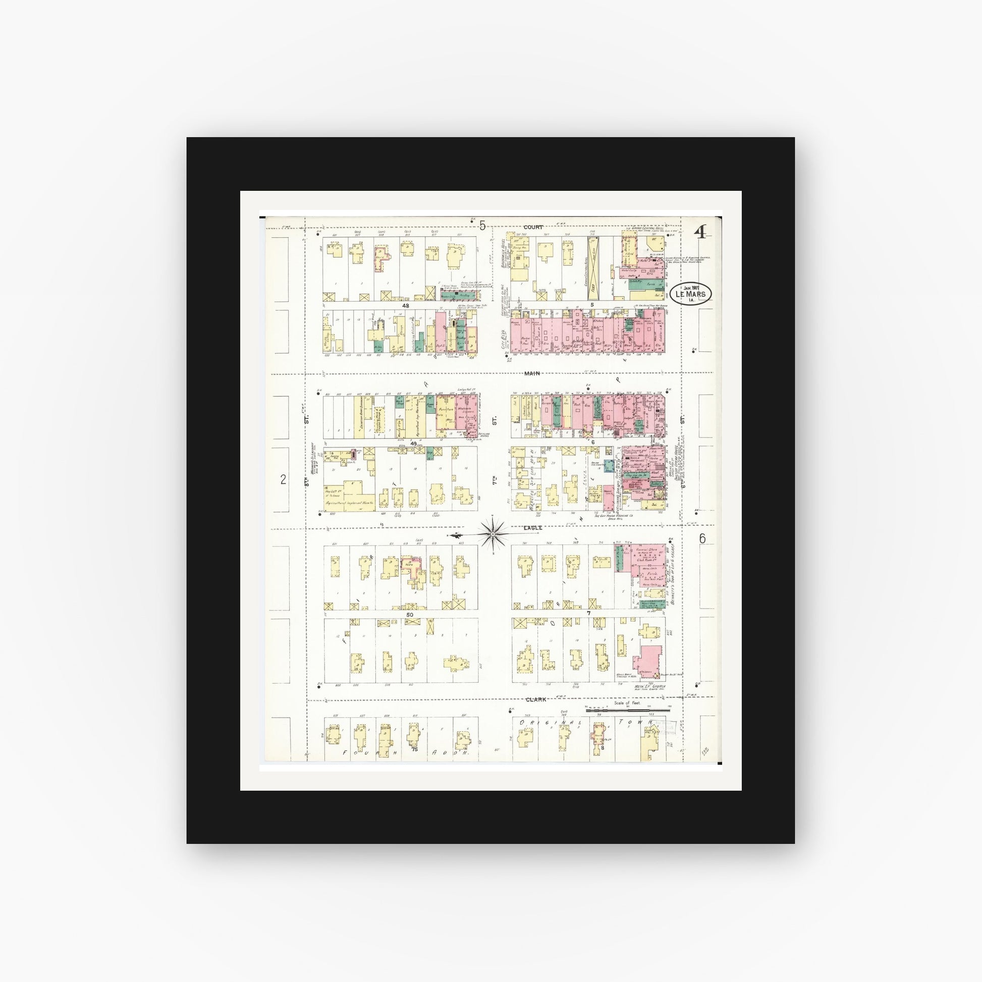 Old map wall art mockup — black gallery frame with white mat — Sanborn Fire Insurance Map from Le Mars, Plymouth County, Iowa (1907), Sheet #0004