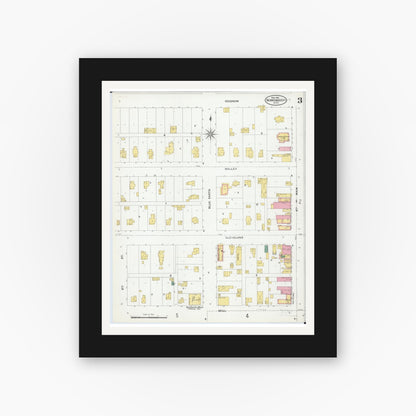 Old map wall art mockup — black gallery frame with white mat — Sanborn Fire Insurance Map from Winnebago, Faribault County, Minnesota (1905), Sheet #0003
