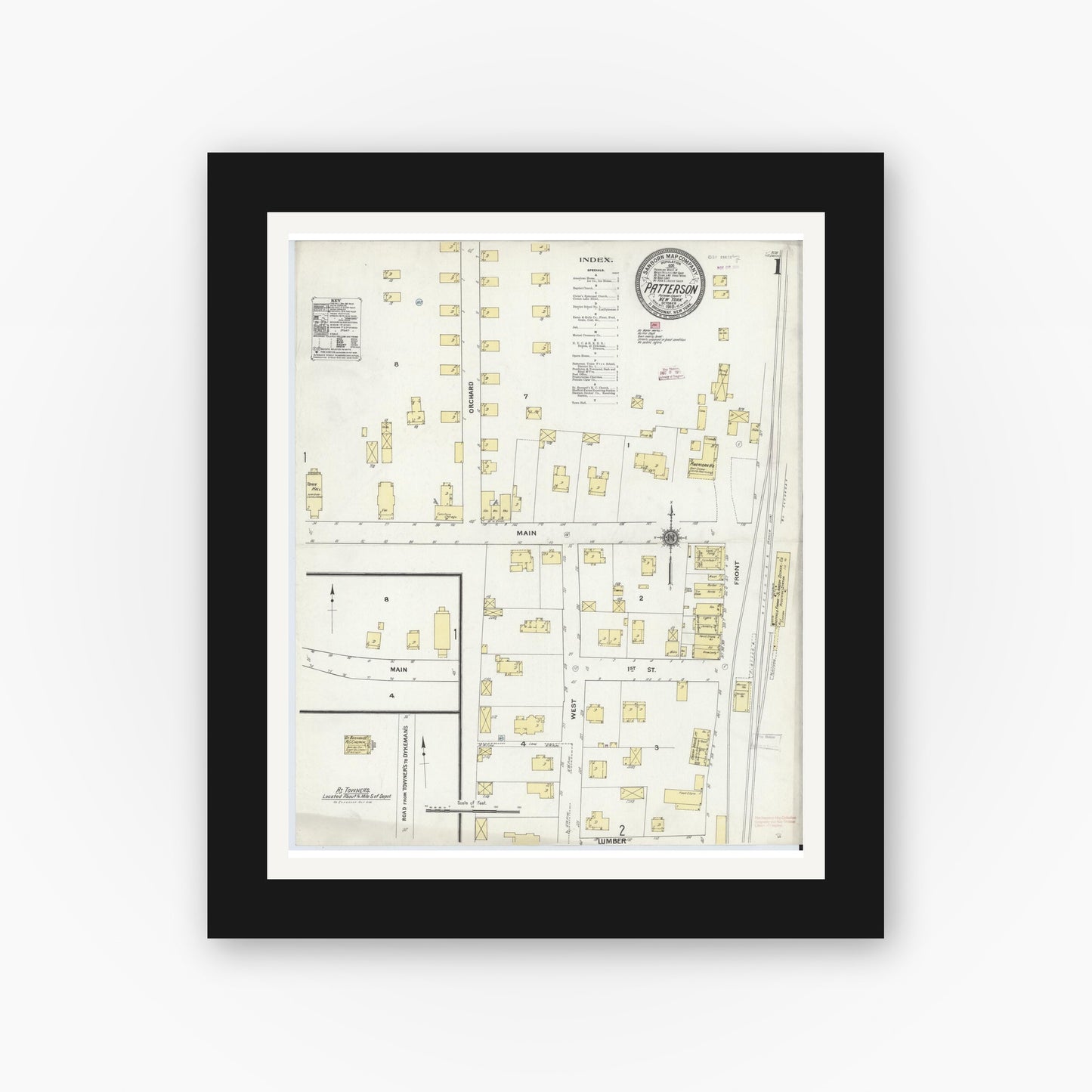 Old map wall art mockup — black gallery frame with white mat — Sanborn Fire Insurance Map from Patterson, Putnam County, New York (1910) - Complete Map Set
