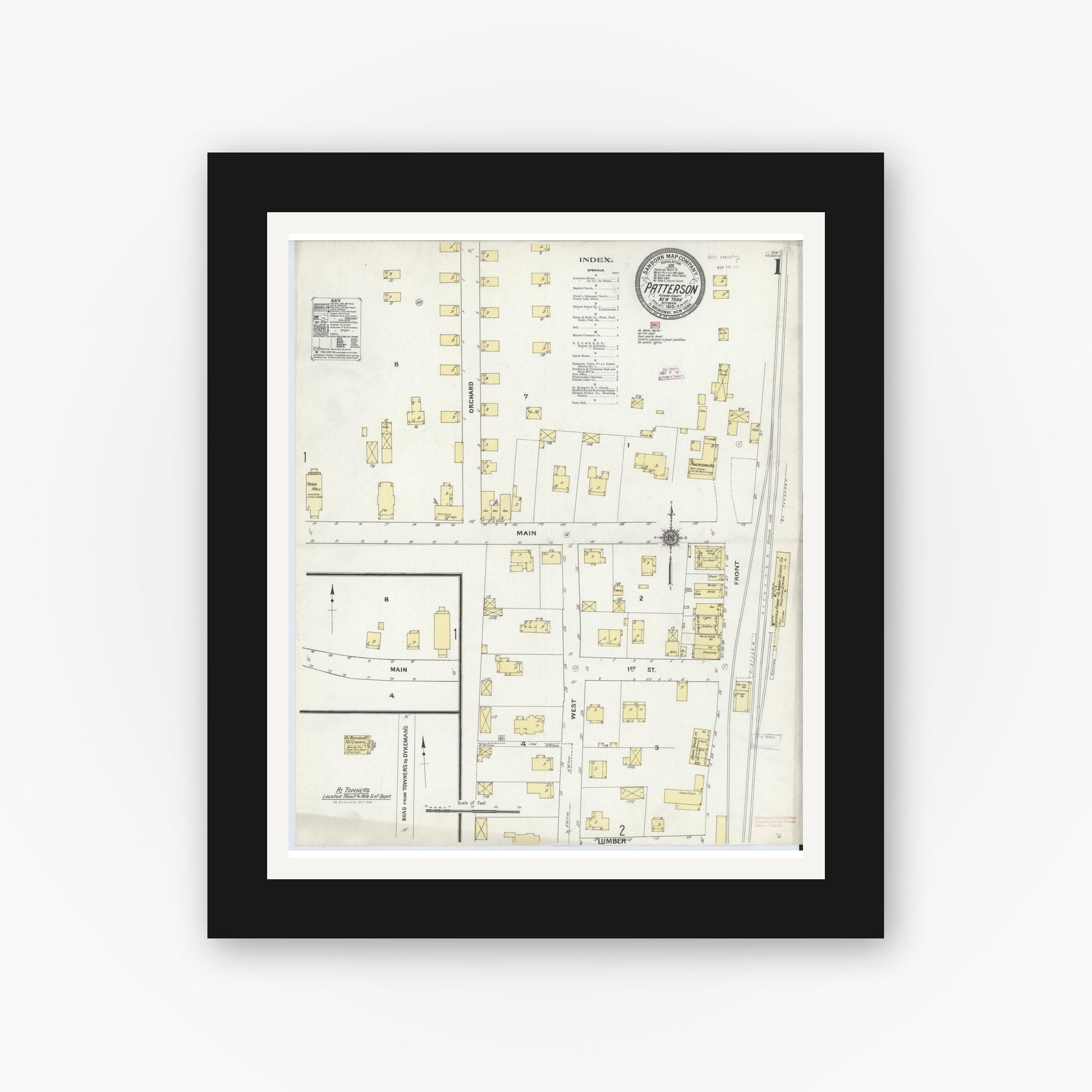 Old map wall art mockup — black gallery frame with white mat — Sanborn Fire Insurance Map from Patterson, Putnam County, New York (1910) - Complete Map Set