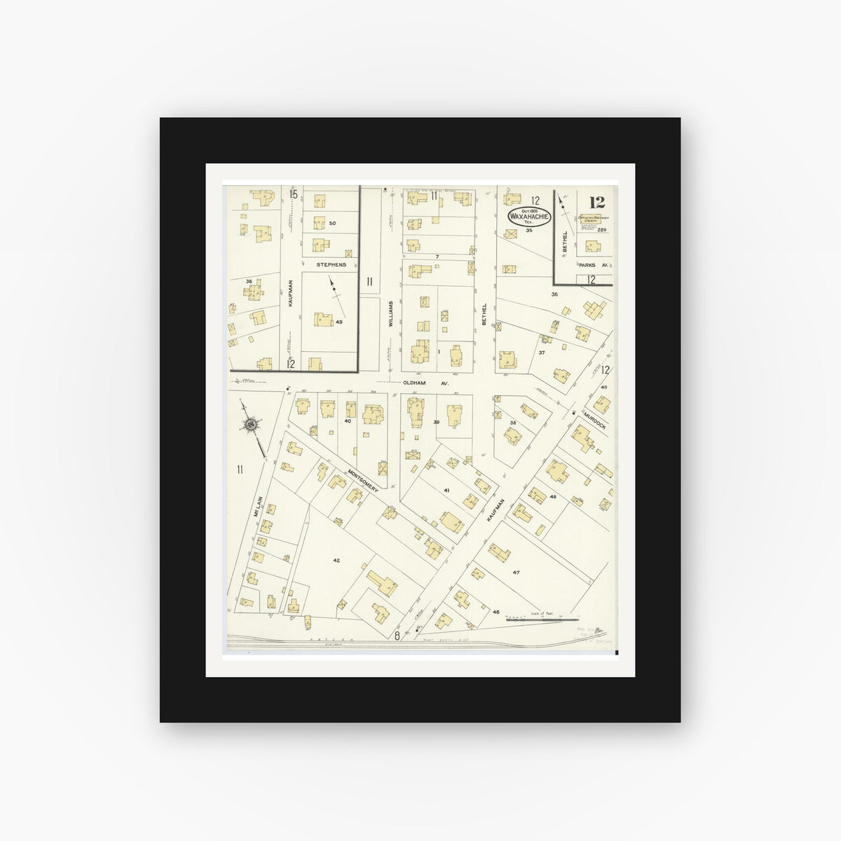 Old map wall art mockup — black gallery frame with white mat — Sanborn Fire Insurance Map from Waxahachie, Ellis County, Texas (1909), Sheet #0012