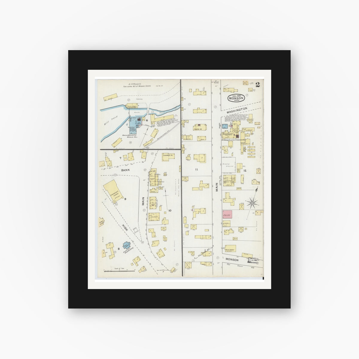 Old map wall art mockup — black gallery frame with white mat — Sanborn Fire Insurance Map from Monson, Hampden County, Massachusetts (1892), Sheet #0002