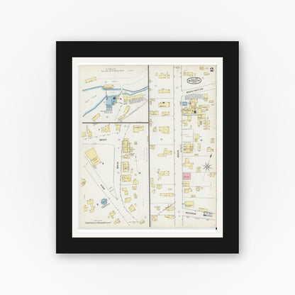 Old map wall art mockup — black gallery frame with white mat — Sanborn Fire Insurance Map from Monson, Hampden County, Massachusetts (1892), Sheet #0002