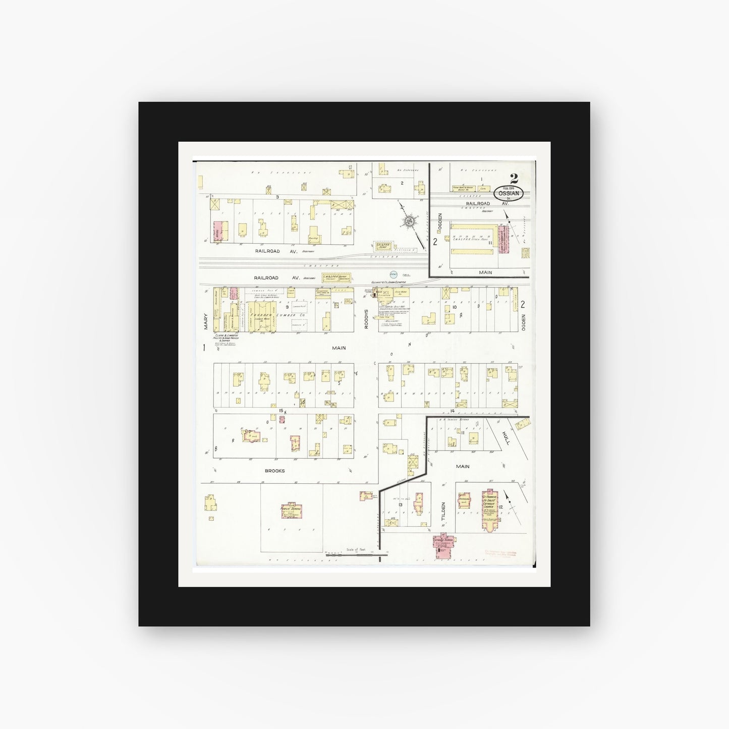Old map wall art mockup — black gallery frame with white mat — Sanborn Fire Insurance Map from Ossian, Winneshiek County, Iowa (1914), Sheet #0002