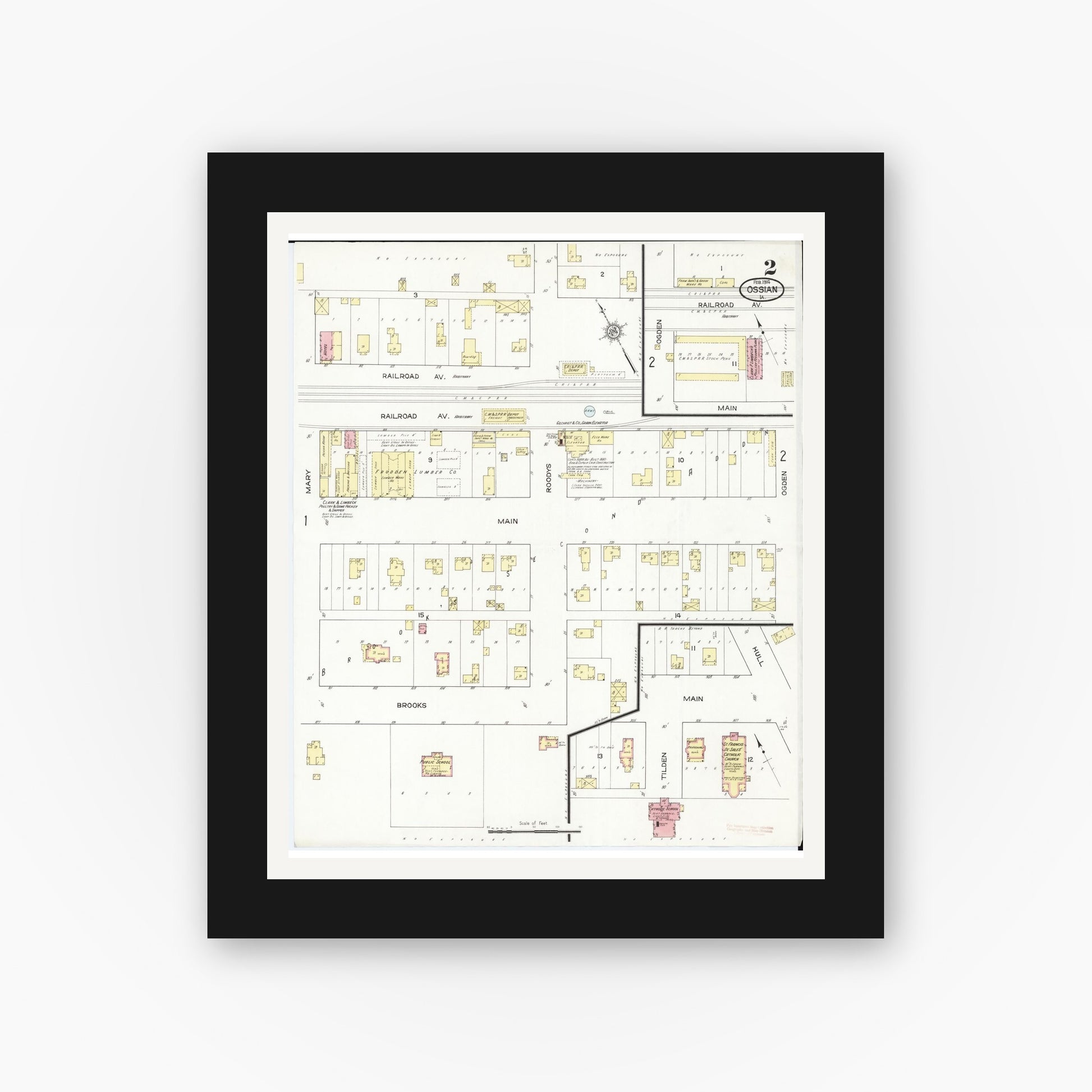 Old map wall art mockup — black gallery frame with white mat — Sanborn Fire Insurance Map from Ossian, Winneshiek County, Iowa (1914), Sheet #0002