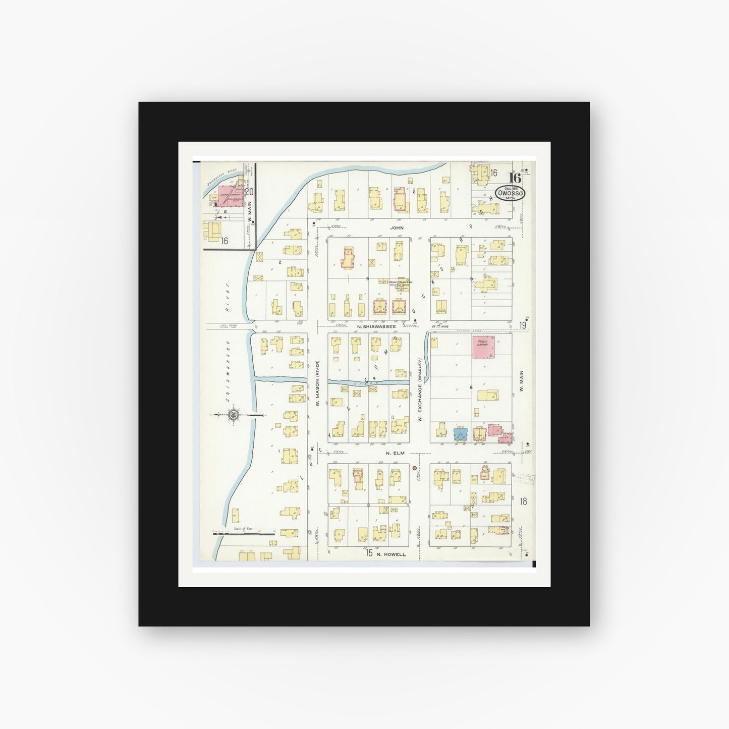 Old map wall art mockup — black gallery frame with white mat — Sanborn Fire Insurance Map from Owosso, Shiawassee County, Michigan (1915), Sheet #0016
