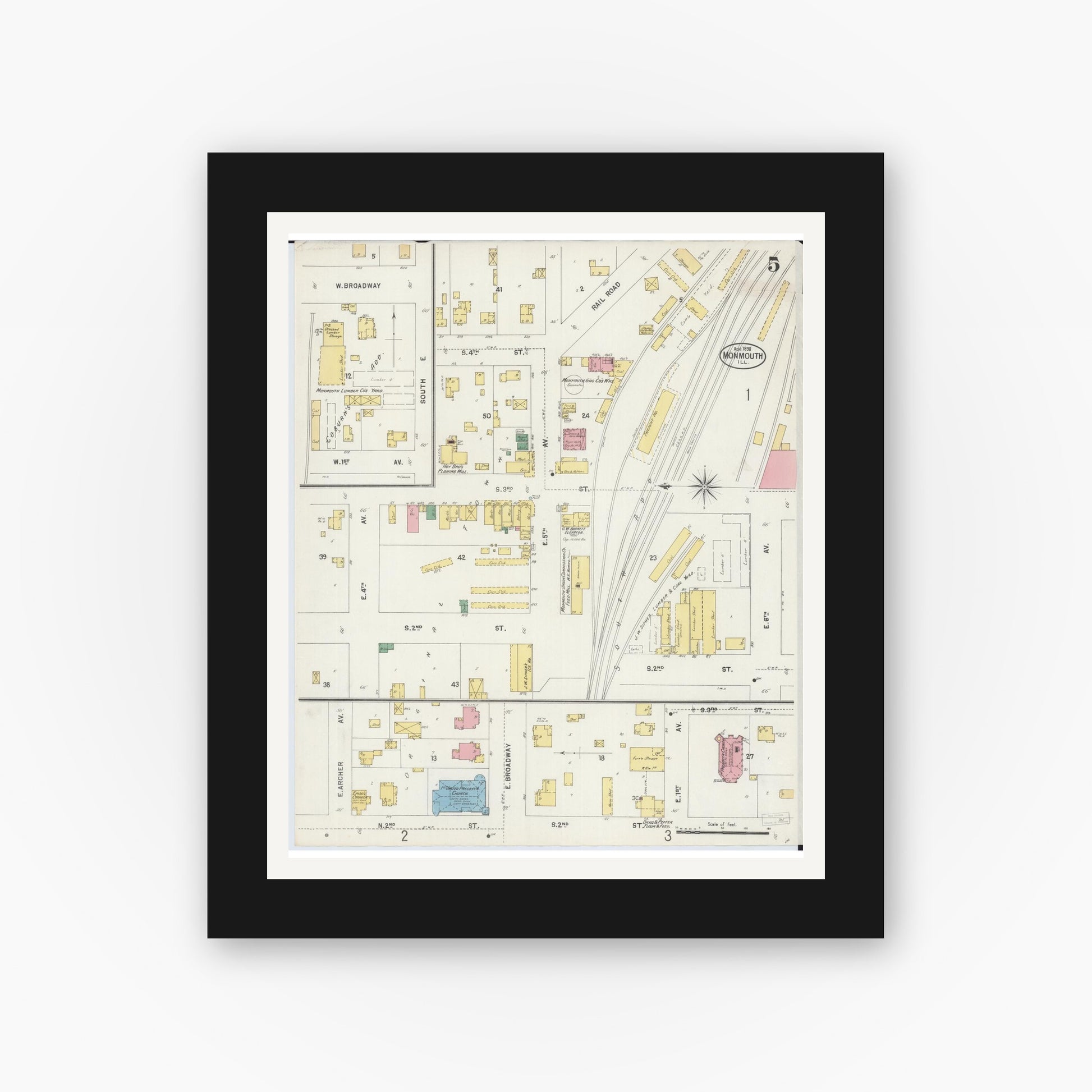 Old map wall art mockup — black gallery frame with white mat — Sanborn Fire Insurance Map from Monmouth, Warren County, Illinois (1898), Sheet #0005
