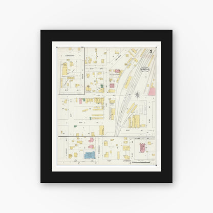 Old map wall art mockup — black gallery frame with white mat — Sanborn Fire Insurance Map from Monmouth, Warren County, Illinois (1898), Sheet #0005