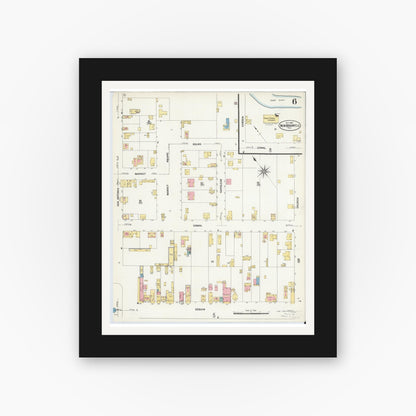 Old map wall art mockup — black gallery frame with white mat — Sanborn Fire Insurance Map from New Braunfels, Comal County, Texas (1907), Sheet #0006