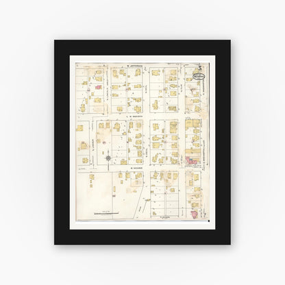 Old map wall art mockup — black gallery frame with white mat — Sanborn Fire Insurance Map from Memphis, Scotland County, Missouri (1936), Sheet #0005