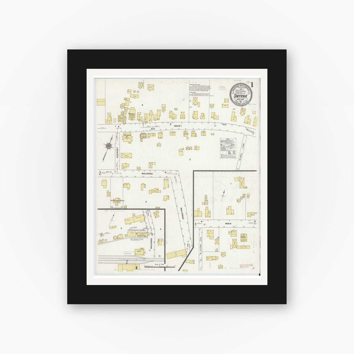 Old map wall art mockup — black gallery frame with white mat — Sanborn Fire Insurance Map from Smyrna, Chenango County, New York (1911) - Complete Map Set