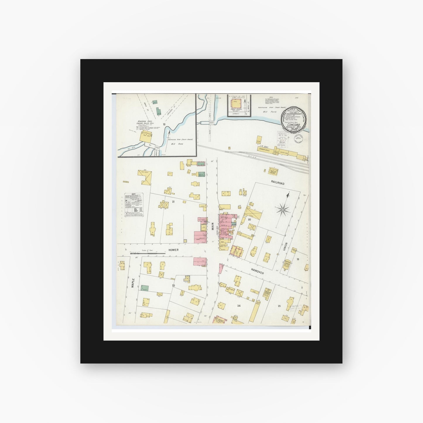 Old map wall art mockup — black gallery frame with white mat — Sanborn Fire Insurance Map from Concord, Jackson County, Michigan (1900), Sheet #0001