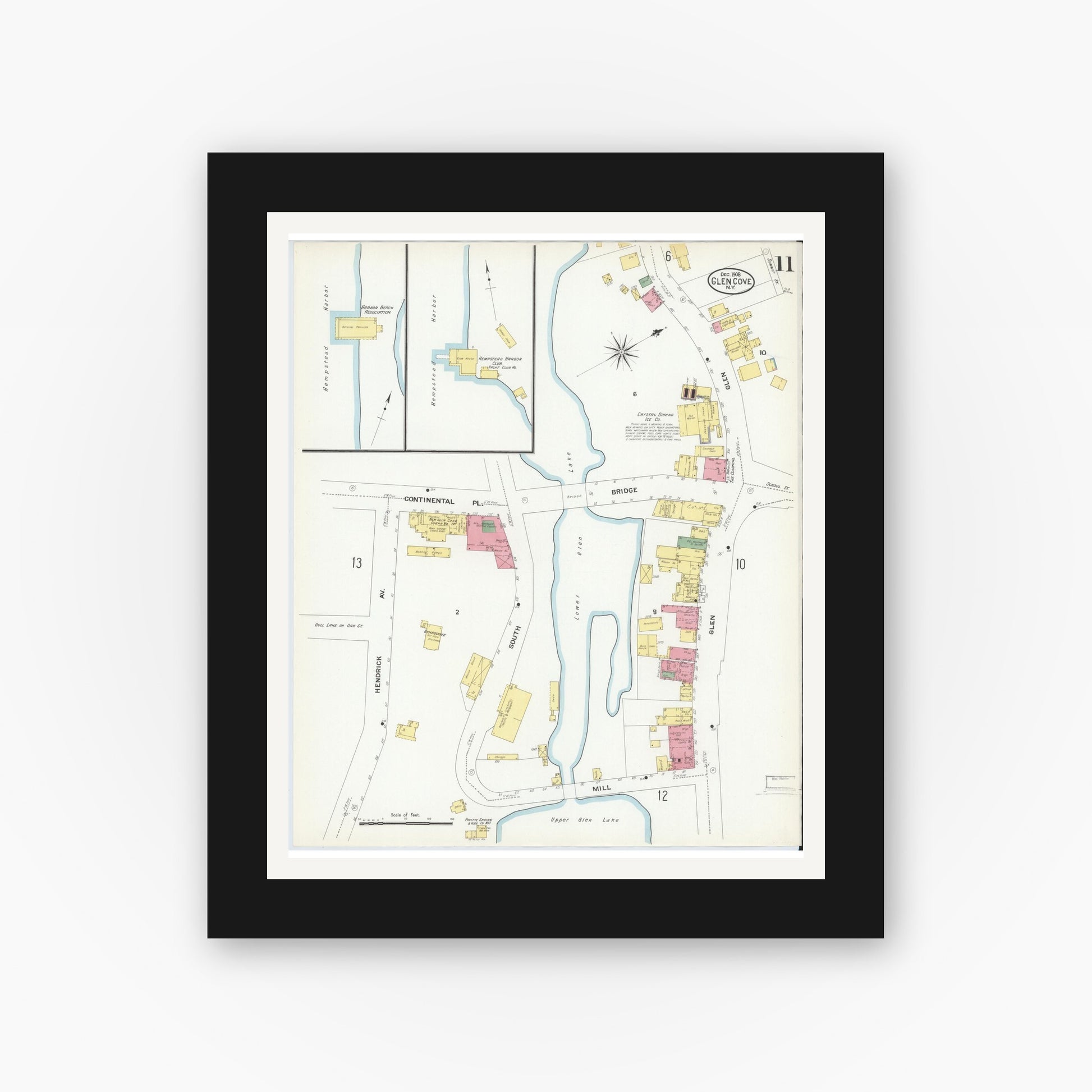Old map wall art mockup — black gallery frame with white mat — Sanborn Fire Insurance Map from Glen Cove, Nassau County, New York (1908), Sheet #0011