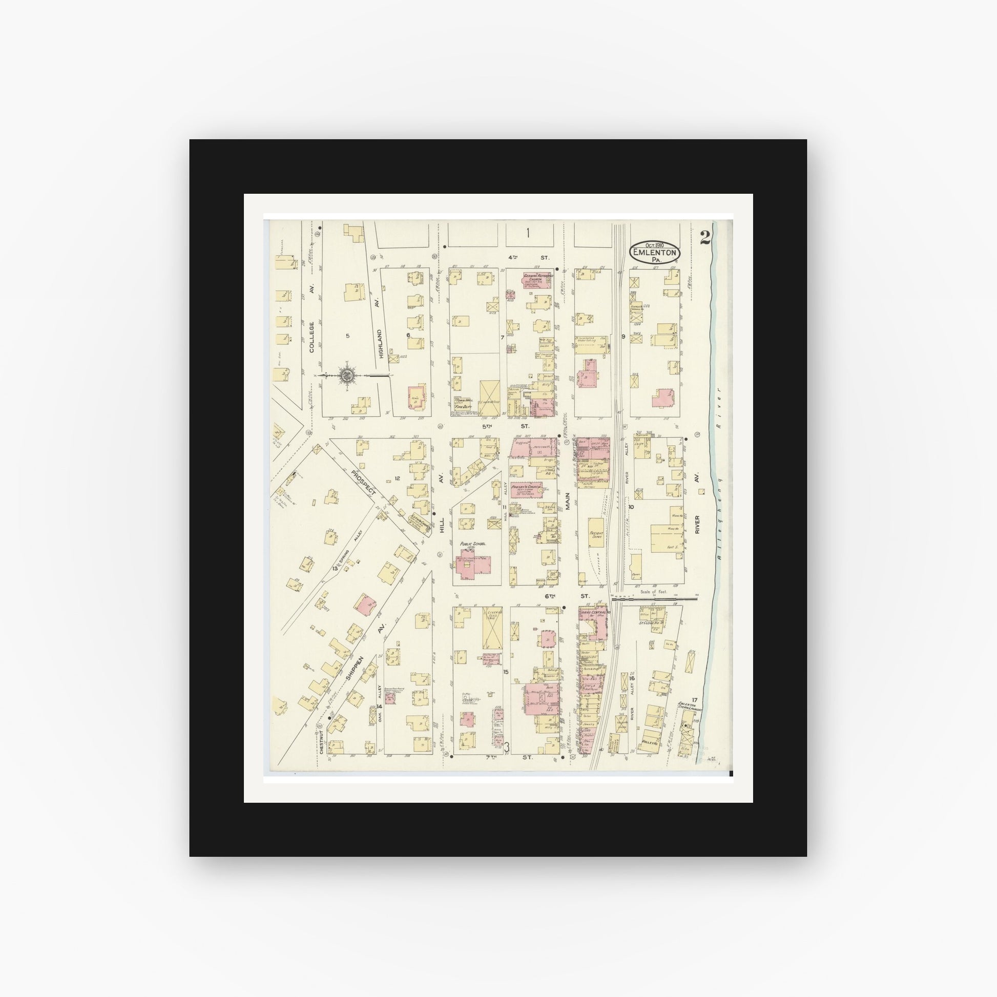 Old map wall art mockup — black gallery frame with white mat — Sanborn Fire Insurance Map from Emlenton, Venango County, Pennsylvania (1910), Sheet #0002