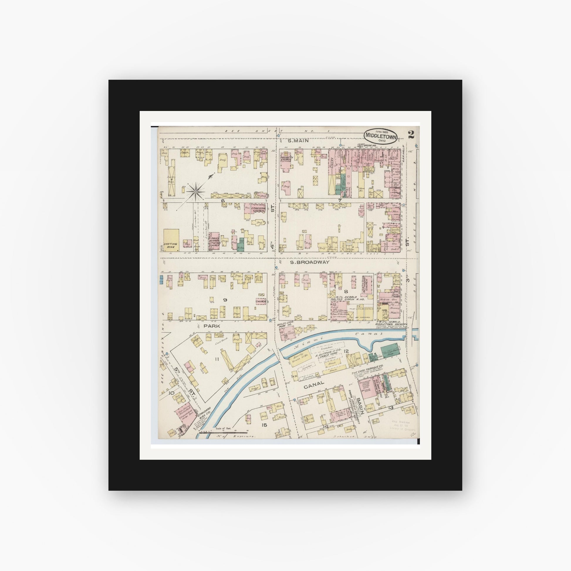 Old map wall art mockup — black gallery frame with white mat — Sanborn Fire Insurance Map from Middletown, Butler County, Ohio (1885), Sheet #0002