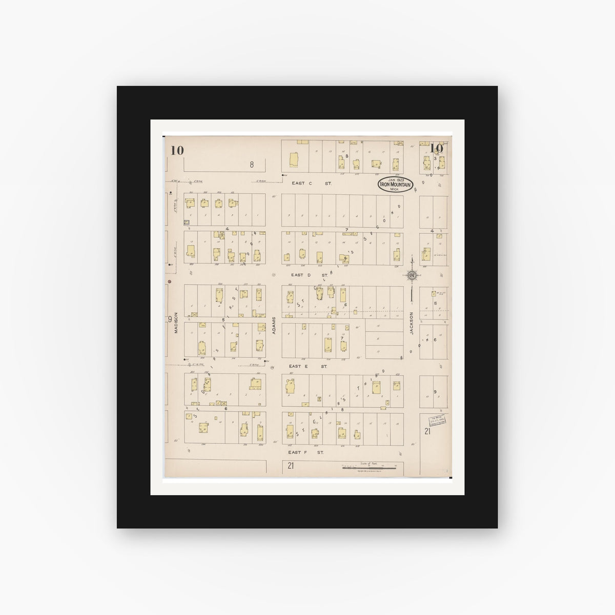 Old map wall art mockup — black gallery frame with white mat — Sanborn Fire Insurance Map from Iron Mountain, Dickinson County, Michigan (1923), Sheet #0010
