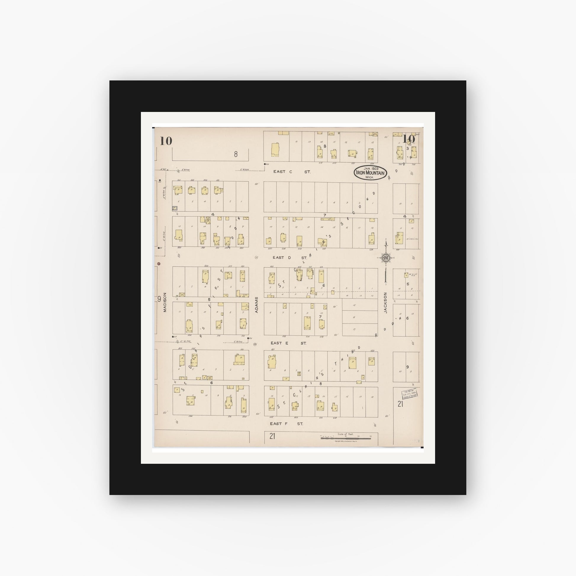 Old map wall art mockup — black gallery frame with white mat — Sanborn Fire Insurance Map from Iron Mountain, Dickinson County, Michigan (1923), Sheet #0010