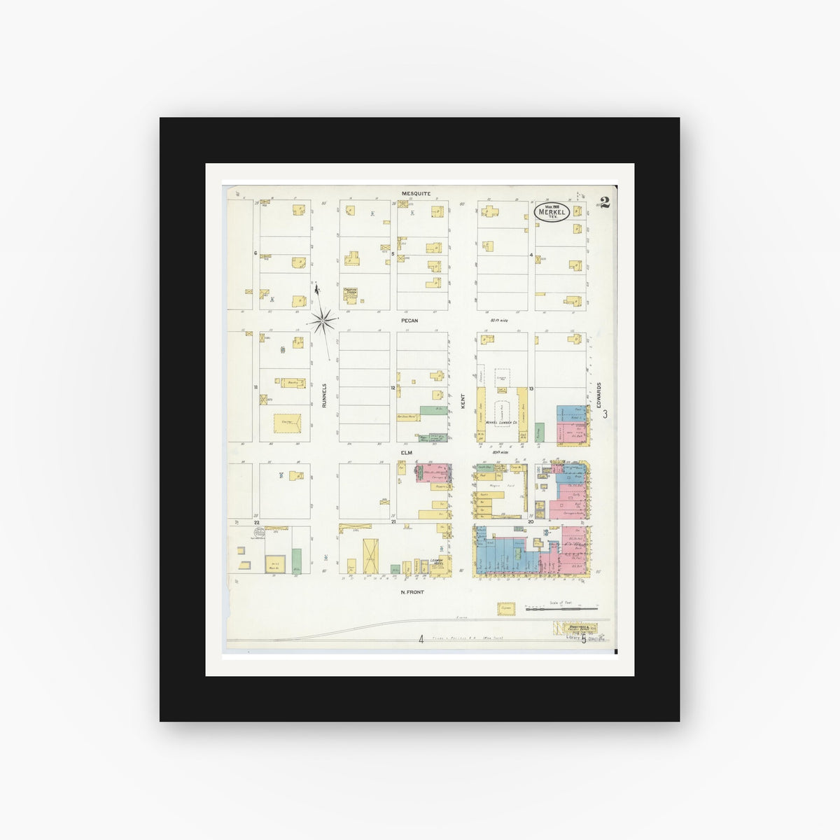 Old map wall art mockup — black gallery frame with white mat — Sanborn Fire Insurance Map from Merkel, Taylor County, Texas (1908), Sheet #0002