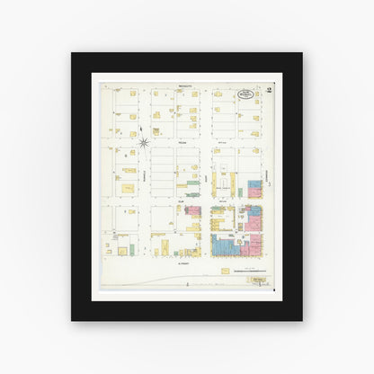 Old map wall art mockup — black gallery frame with white mat — Sanborn Fire Insurance Map from Merkel, Taylor County, Texas (1908), Sheet #0002