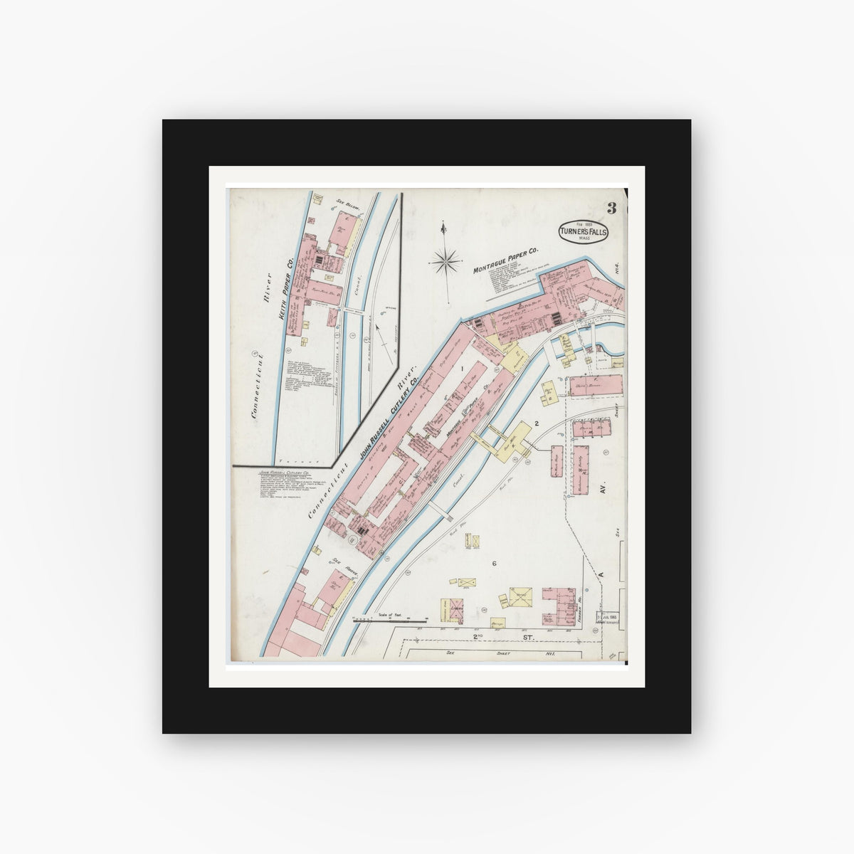 Old map wall art mockup — black gallery frame with white mat — Sanborn Fire Insurance Map from Turners Falls, Franklin County, Massachusetts (1889), Sheet #0003