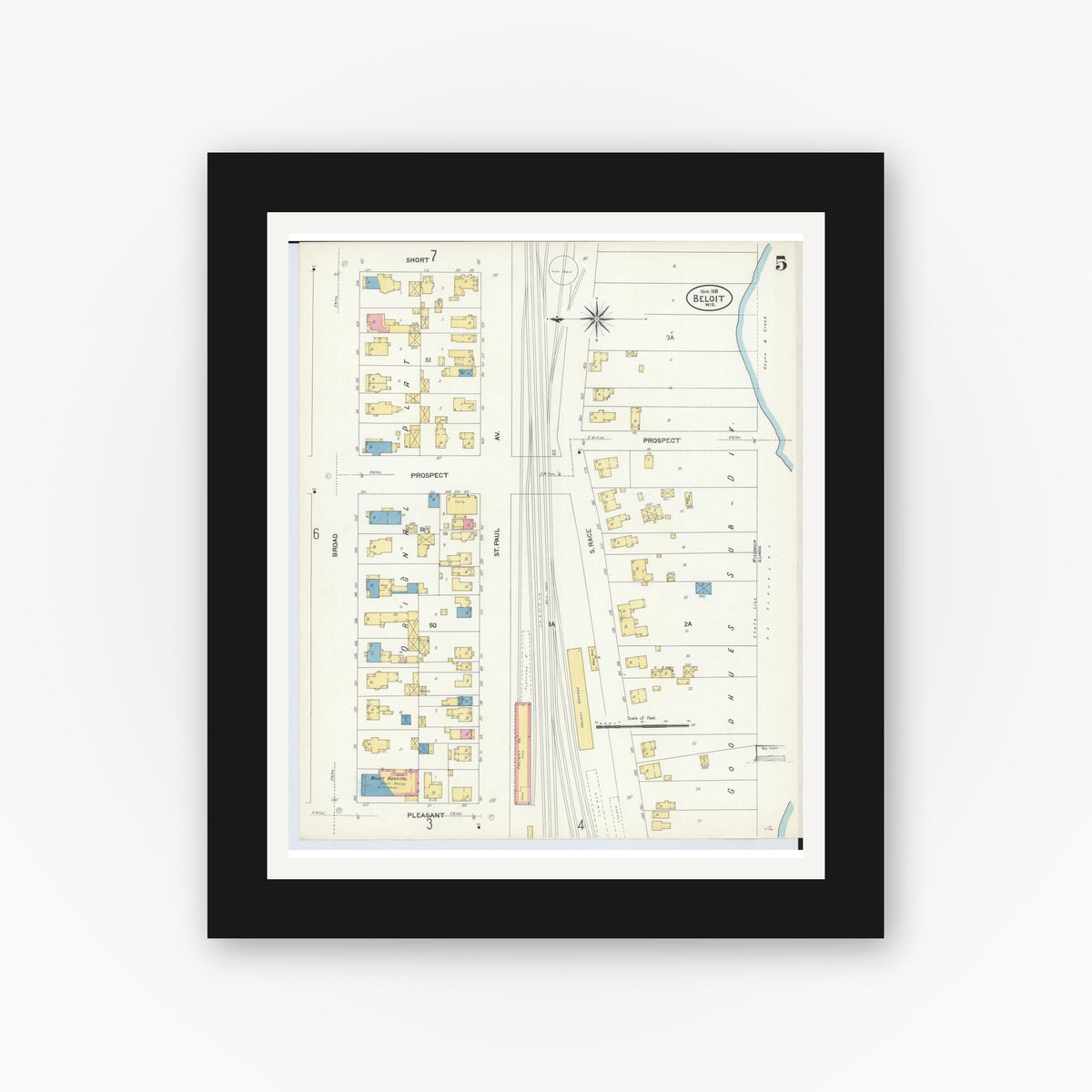 Old map wall art mockup — black gallery frame with white mat — Sanborn Fire Insurance Map from Beloit, Rock County, Wisconsin (1908), Sheet #0005