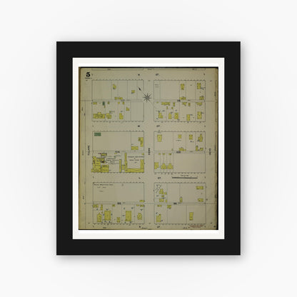 Old map wall art mockup — black gallery frame with white mat — Sanborn Fire Insurance Map from Fresno, Fresno County, California (1888), Sheet #0005