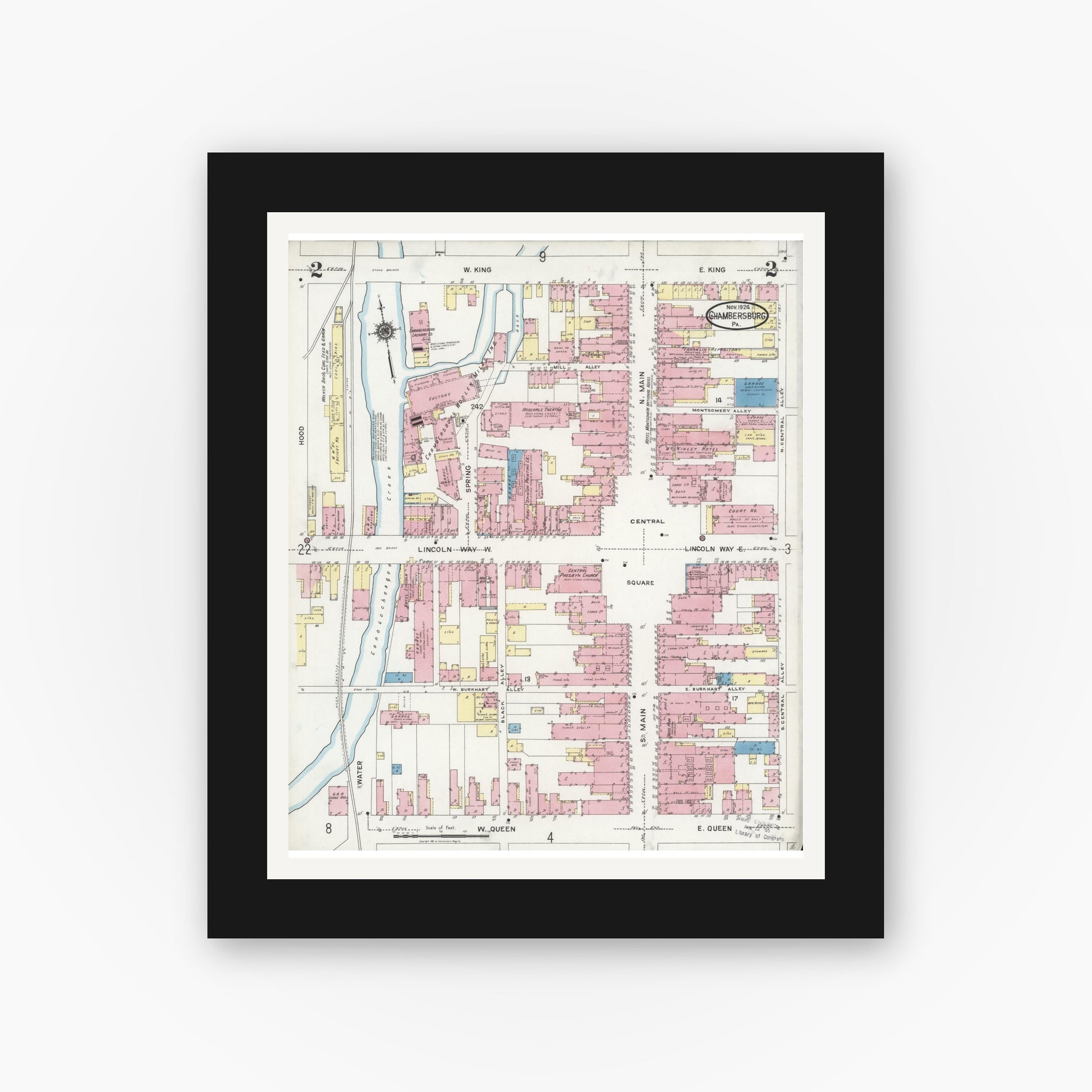 Old map wall art mockup — black gallery frame with white mat — Sanborn Fire Insurance Map from Chambersburg, Franklin County, Pennsylvania (1924), Sheet #0002