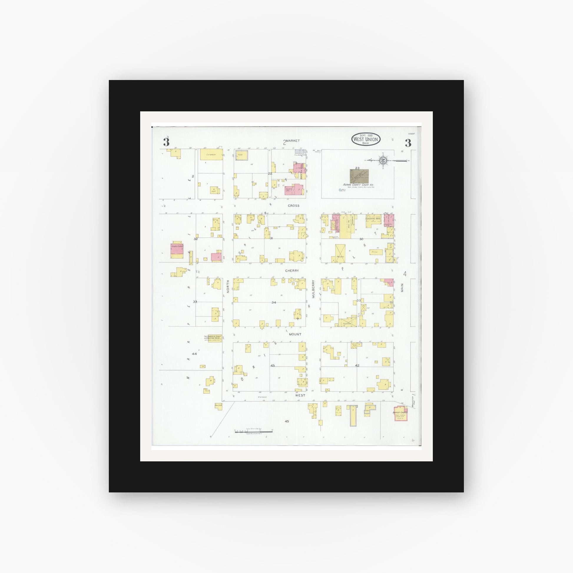 Old map wall art mockup — black gallery frame with white mat — Sanborn Fire Insurance Map from West Union, Adams County, Ohio (1930), Sheet #0003