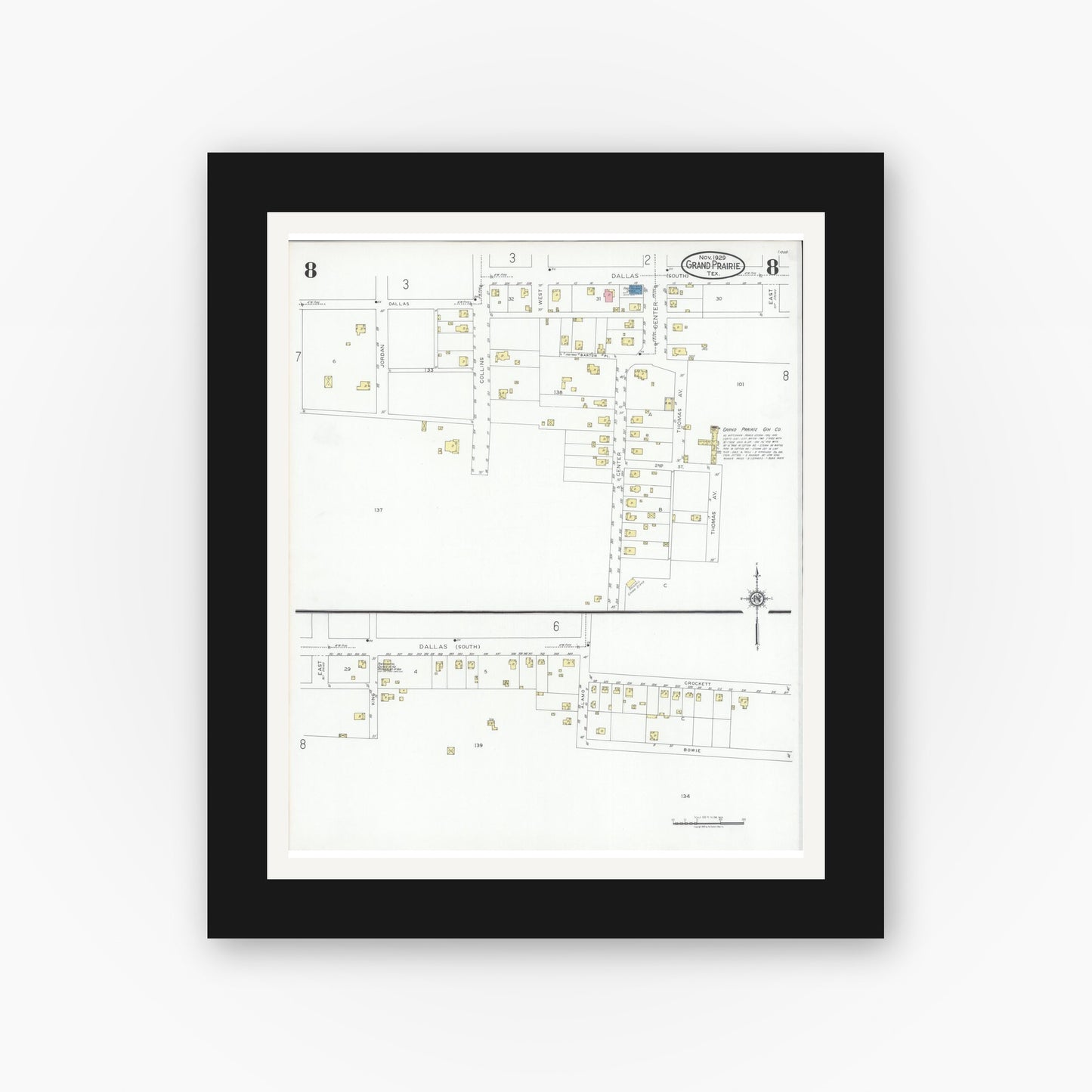 Old map wall art mockup — black gallery frame with white mat — Sanborn Fire Insurance Map from Grand Prairie, Dallas County, Texas (1929), Sheet #0008