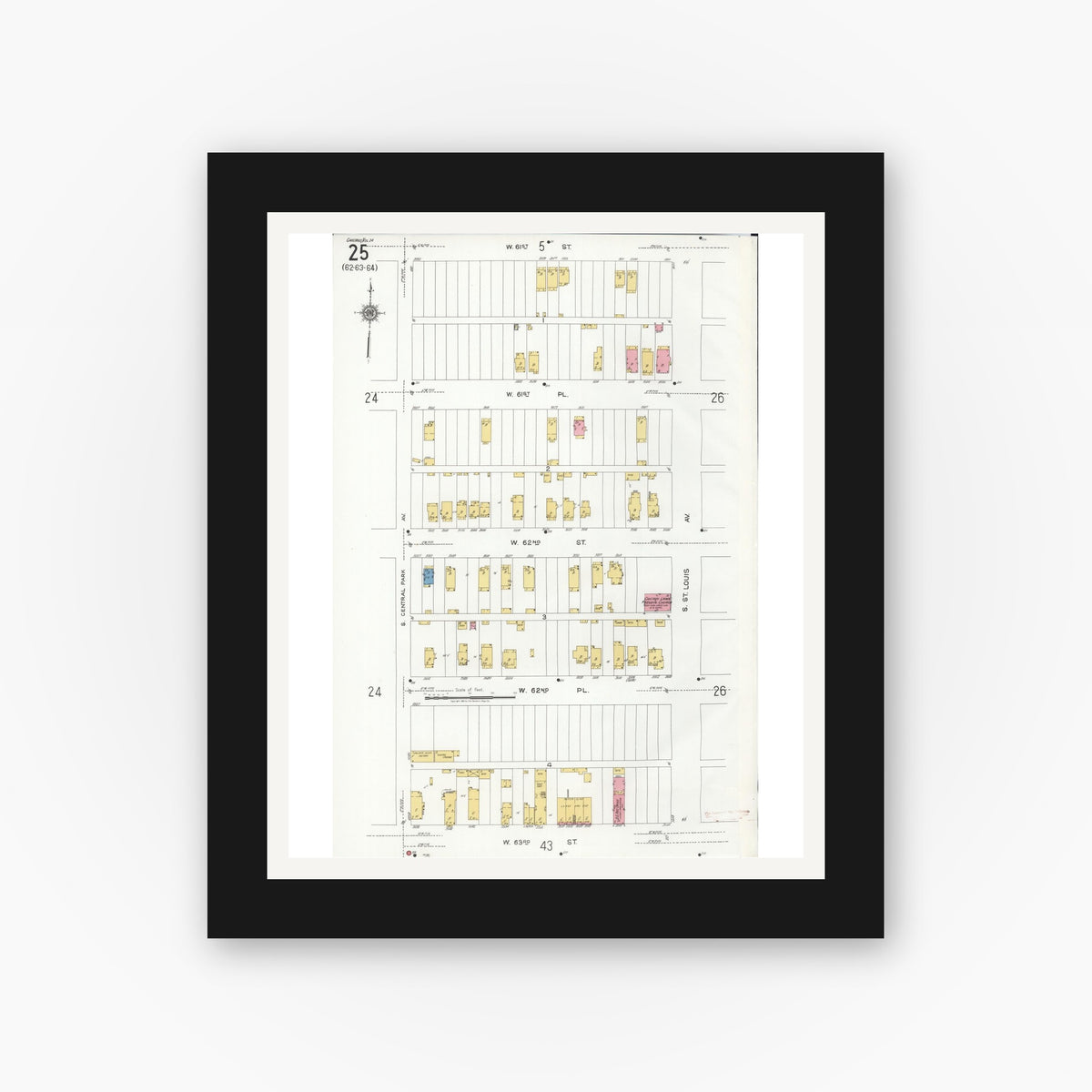Old map wall art mockup — black gallery frame with white mat — Sanborn Fire Insurance Map from Chicago, Cook County, Illinois (1920), Sheet #0025