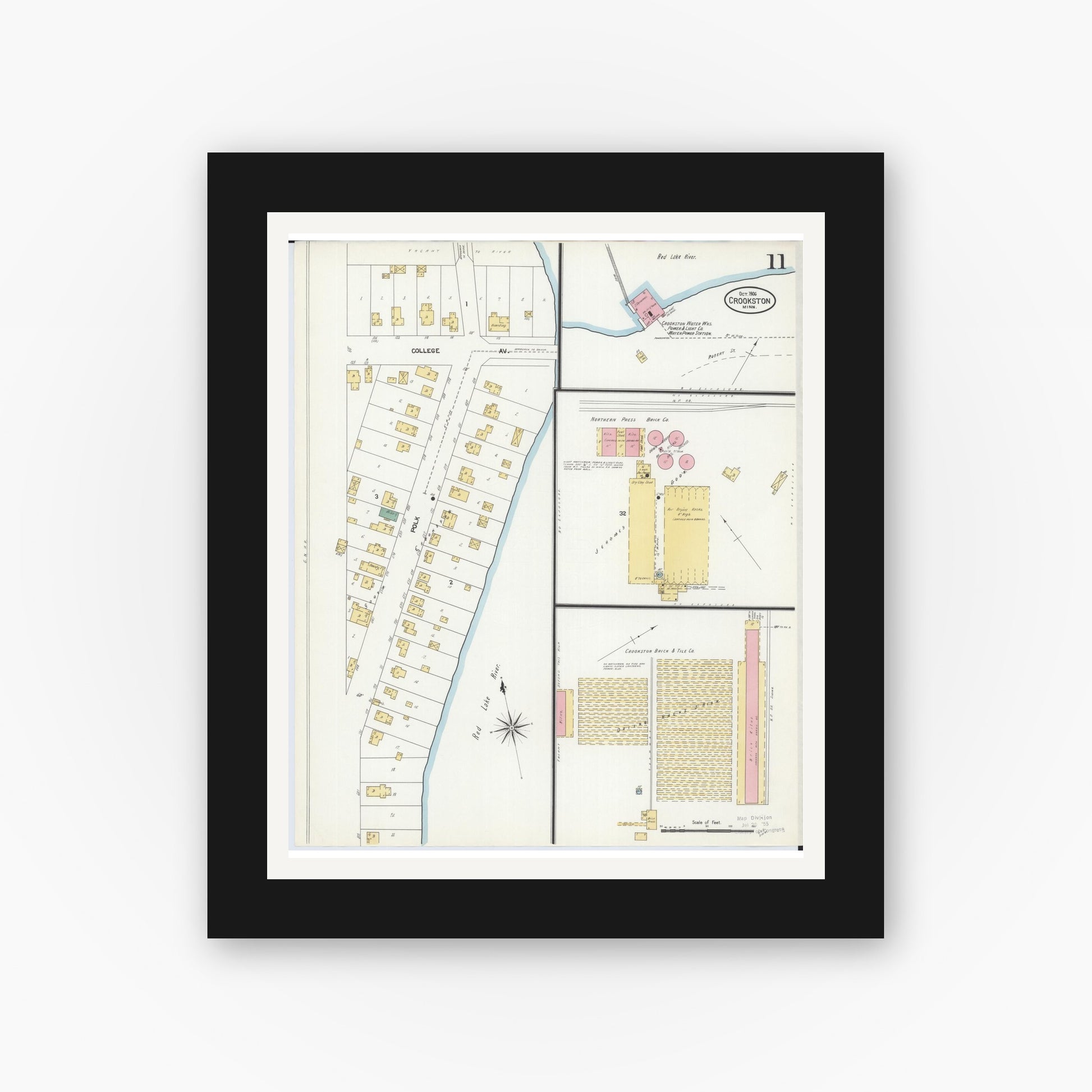 Old map wall art mockup — black gallery frame with white mat — Sanborn Fire Insurance Map from Crookston, Polk County, Minnesota (1906), Sheet #0011