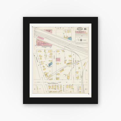 Old map wall art mockup — black gallery frame with white mat — Sanborn Fire Insurance Map from Mattoon, Coles County, Illinois (1915), Sheet #0010