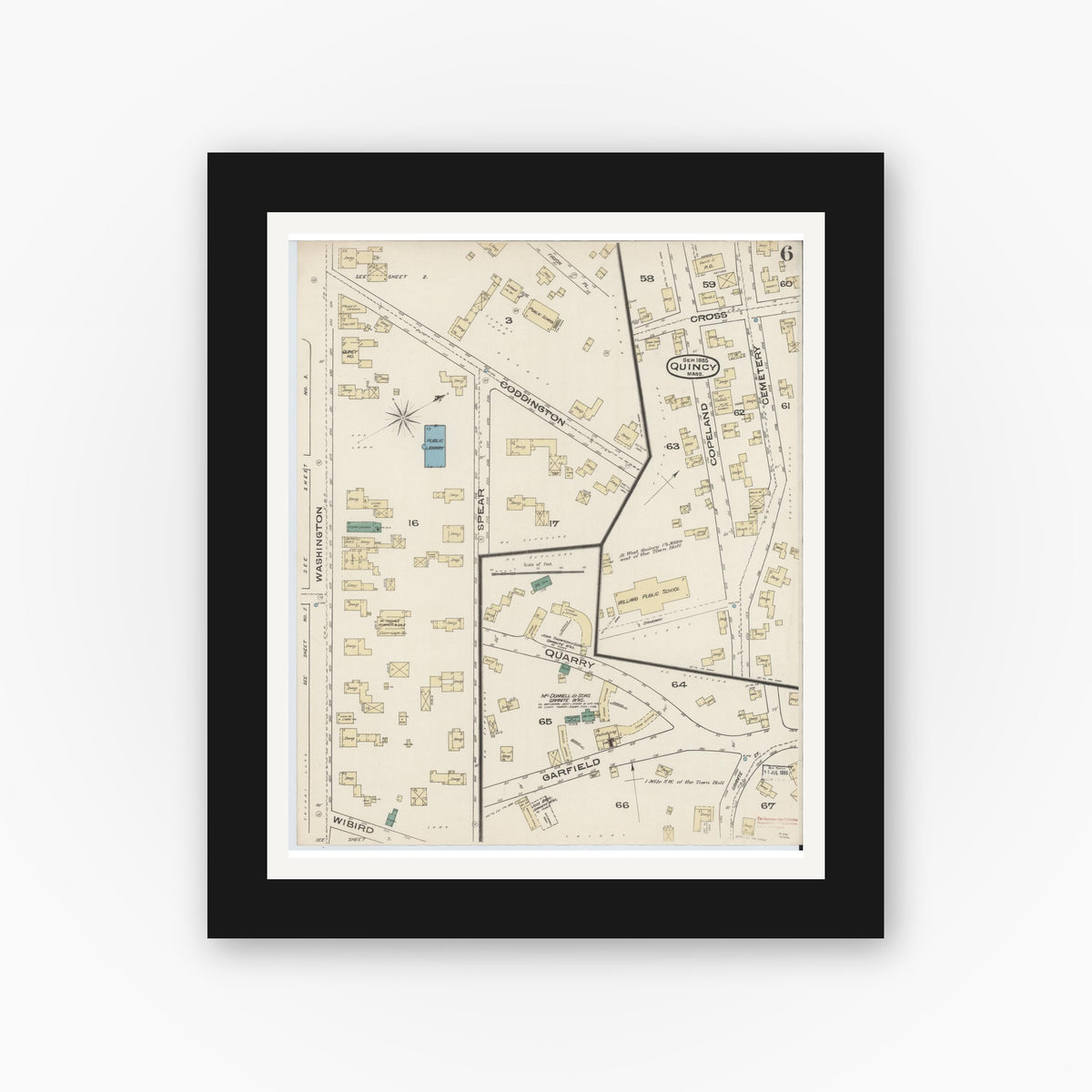 Old map wall art mockup — black gallery frame with white mat — Sanborn Fire Insurance Map from Quincy, Norfolk County, Massachusetts (1885), Sheet #0006