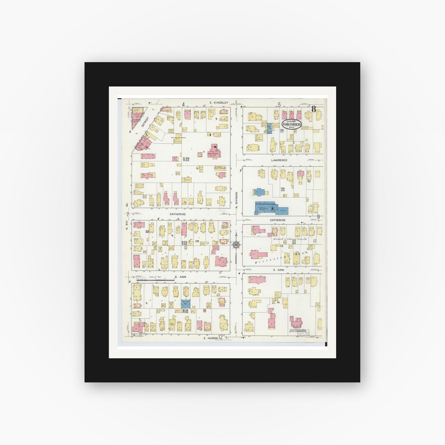 Old map wall art mockup — black gallery frame with white mat — Sanborn Fire Insurance Map from Ann Arbor, Washtenaw County, Michigan (1916), Sheet #0008