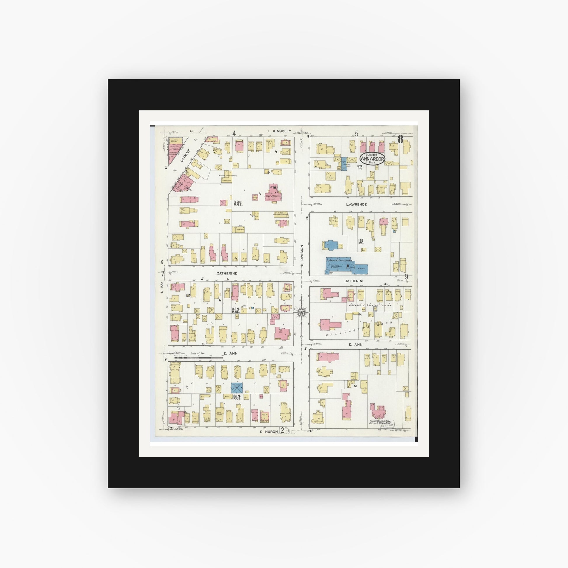Old map wall art mockup — black gallery frame with white mat — Sanborn Fire Insurance Map from Ann Arbor, Washtenaw County, Michigan (1916), Sheet #0008