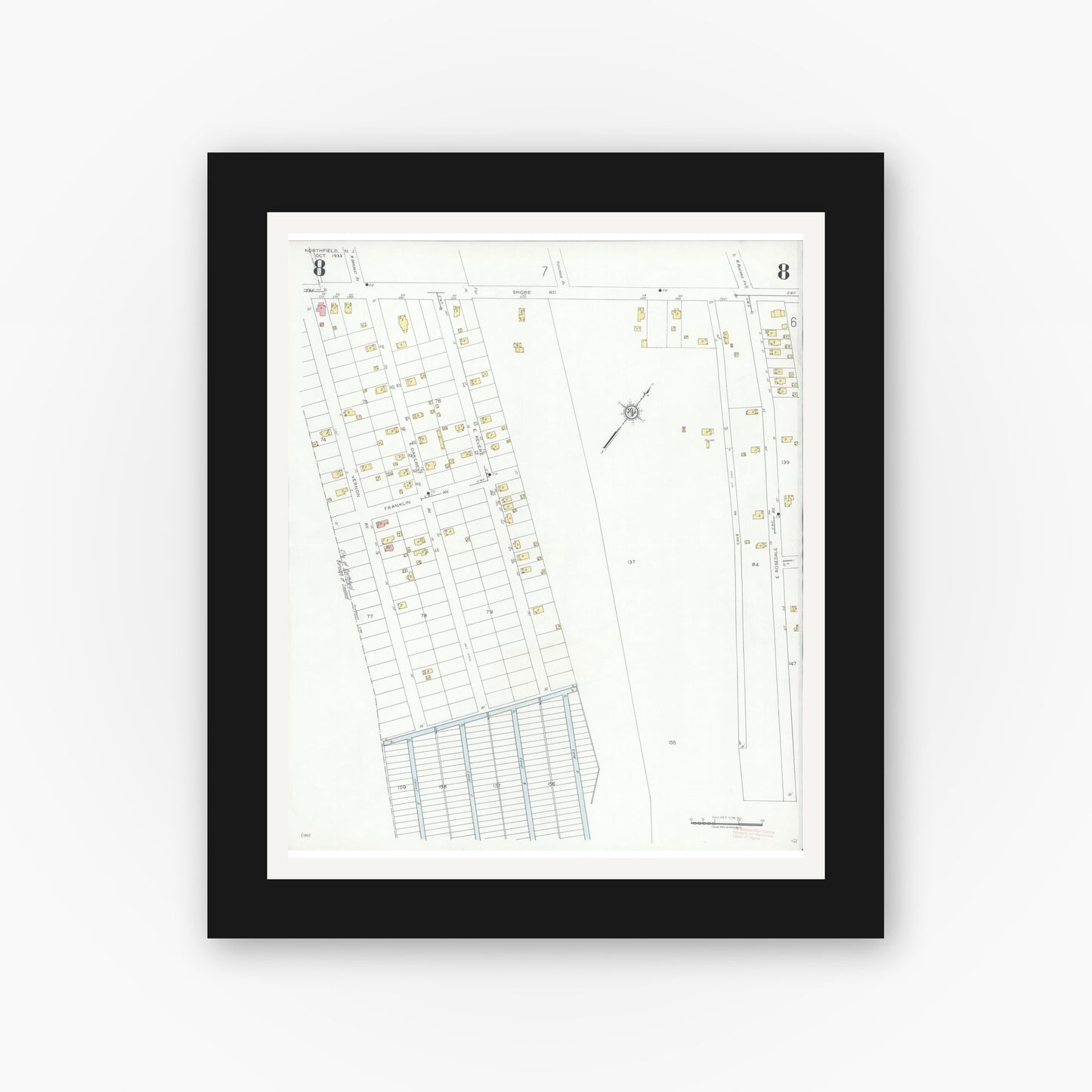 Old map wall art mockup — black gallery frame with white mat — Sanborn Fire Insurance Map from Northfield, Atlantic County, New Jersey (1933), Sheet #0008