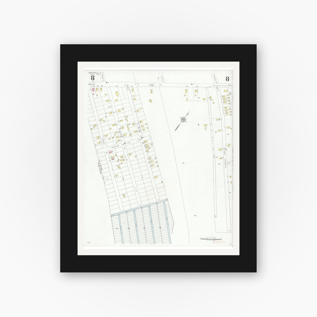 Old map wall art mockup — black gallery frame with white mat — Sanborn Fire Insurance Map from Northfield, Atlantic County, New Jersey (1933), Sheet #0008