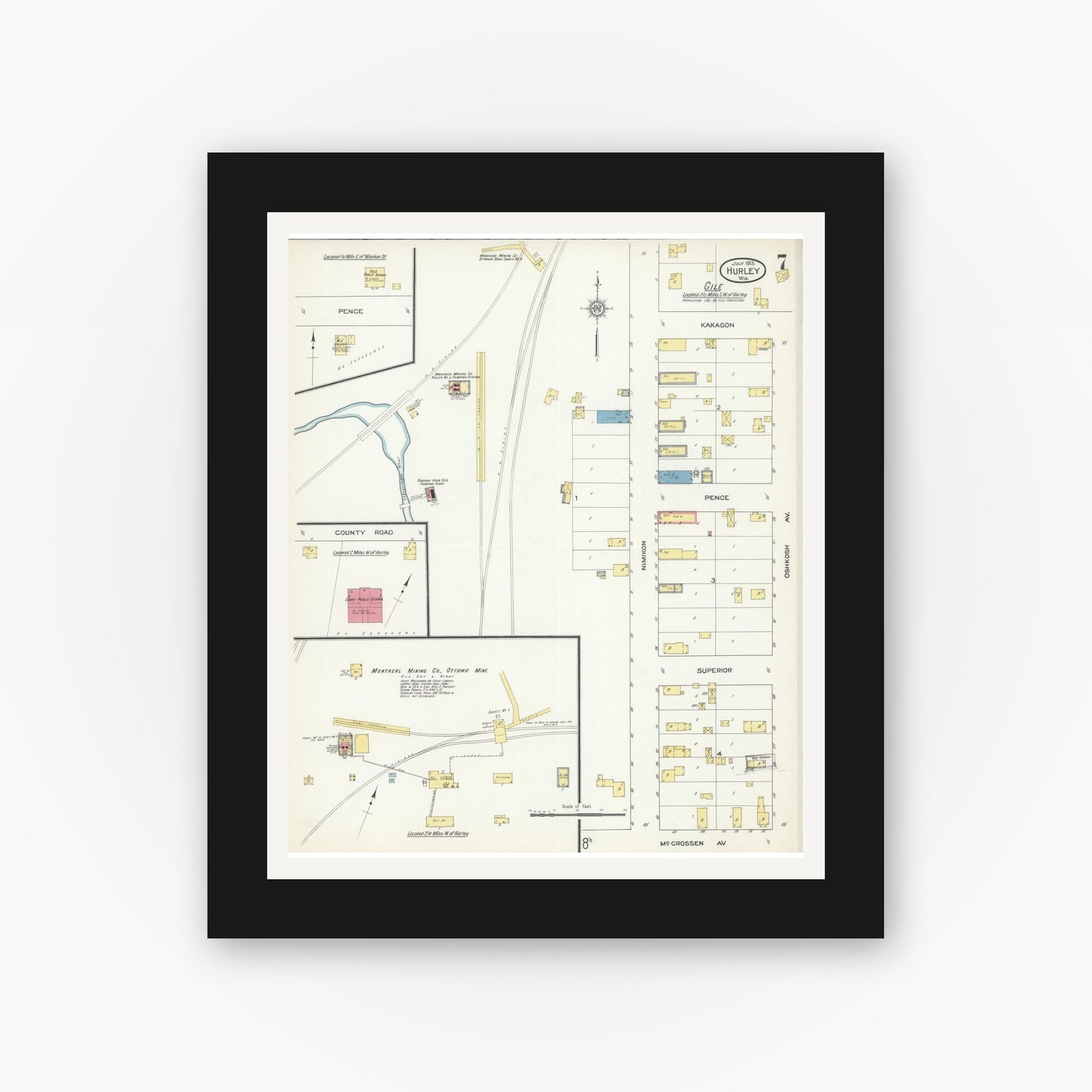 Old map wall art mockup — black gallery frame with white mat — Sanborn Fire Insurance Map from Hurley, Iron County, Wisconsin (1913), Sheet #0007
