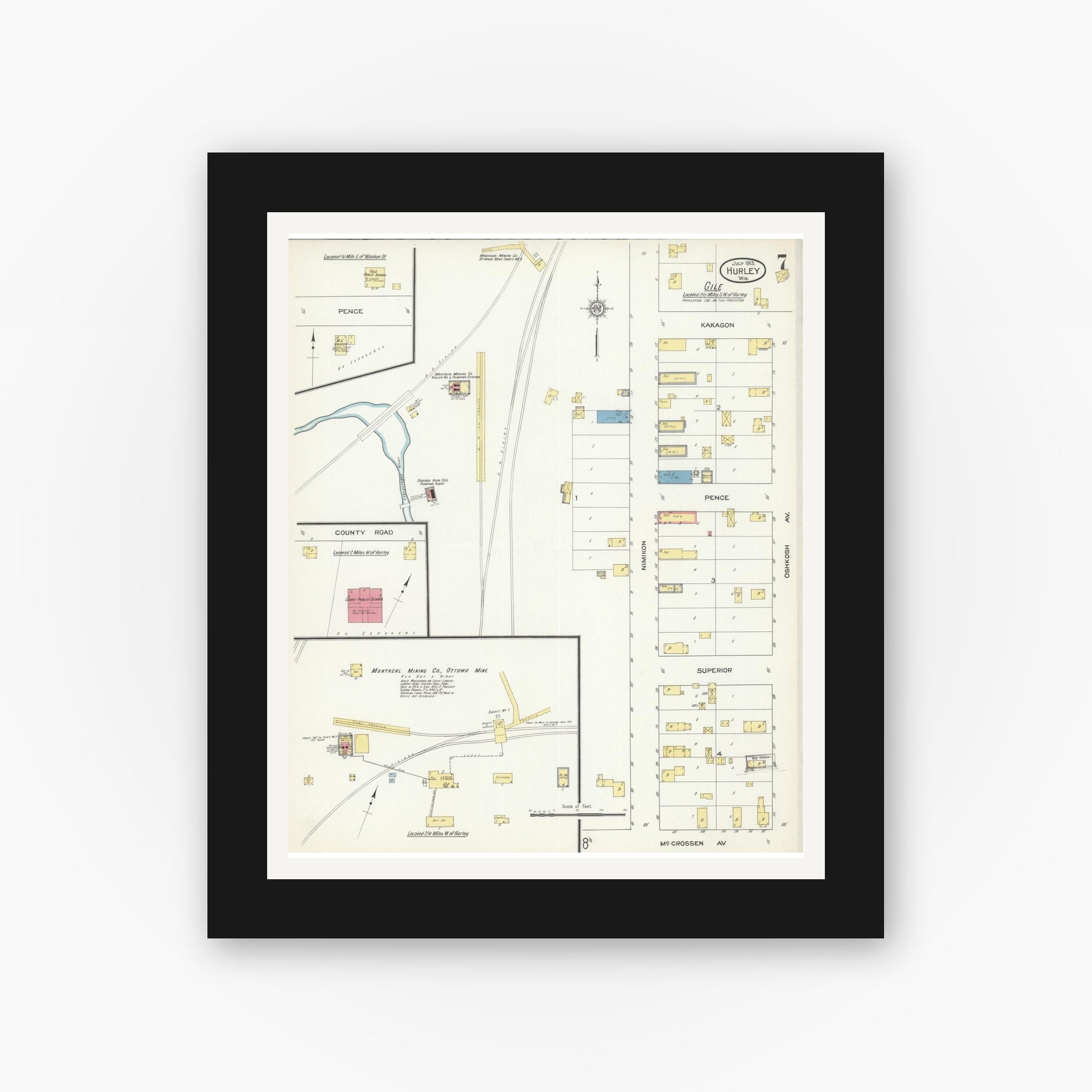 Old map wall art mockup — black gallery frame with white mat — Sanborn Fire Insurance Map from Hurley, Iron County, Wisconsin (1913), Sheet #0007