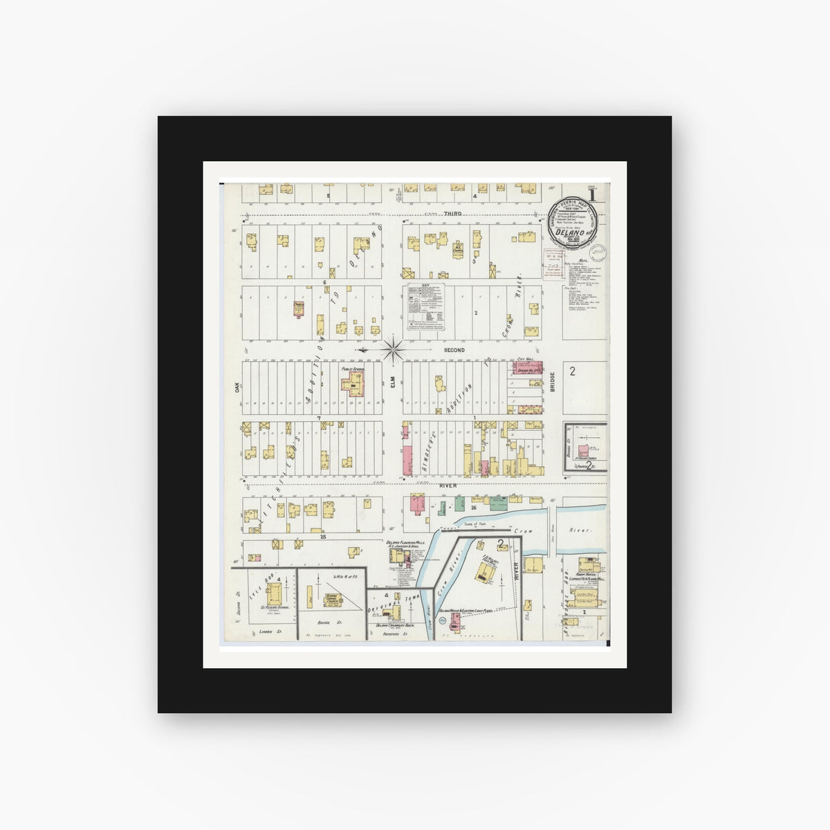 Old map wall art mockup — black gallery frame with white mat — Sanborn Fire Insurance Map from Delano, Wright County, Minnesota (1899), Sheet #0001