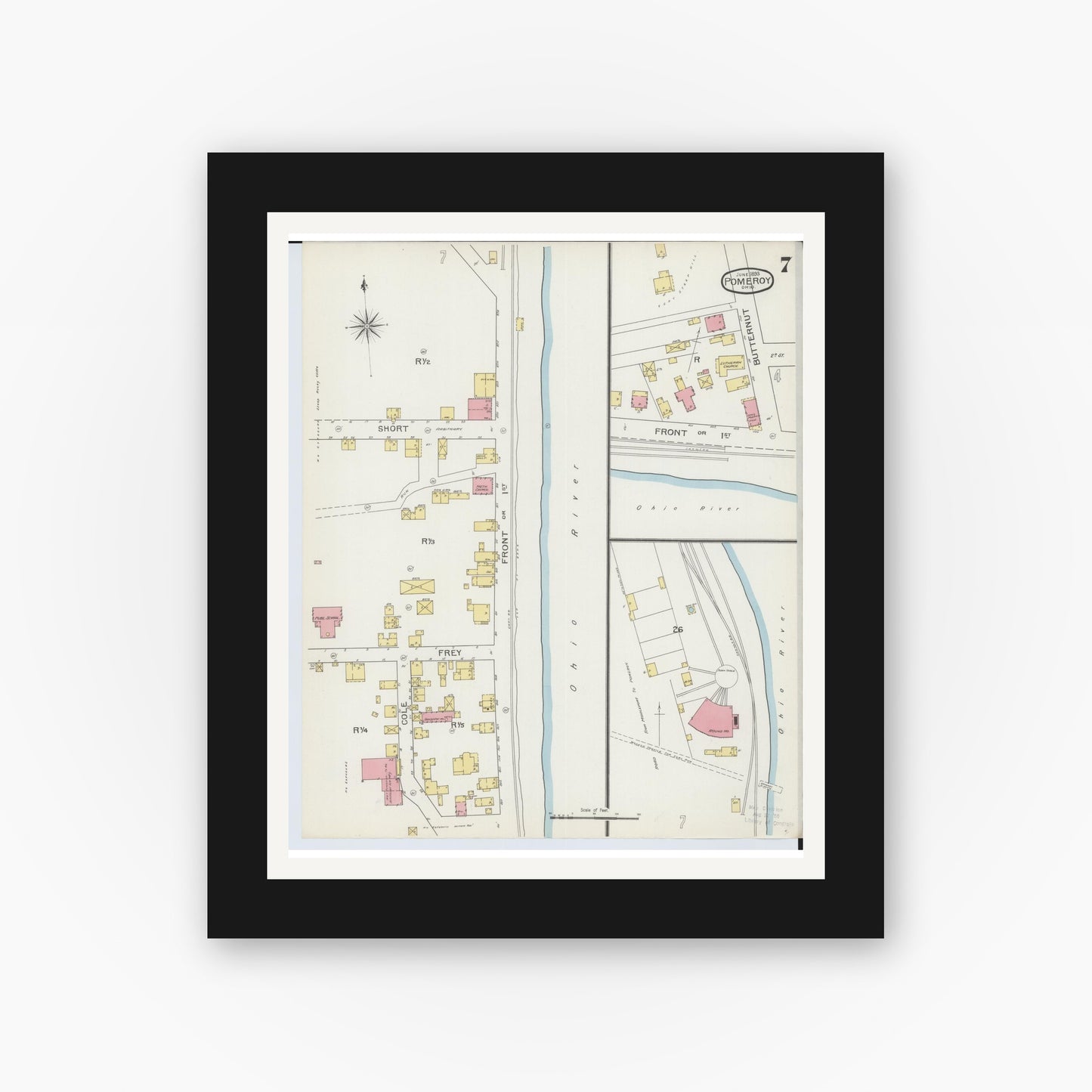 Old map wall art mockup — black gallery frame with white mat — Sanborn Fire Insurance Map from Pomeroy, Meigs County, Ohio (1893), Sheet #0007