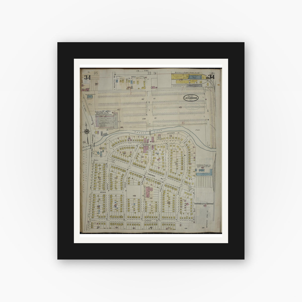 Old map wall art mockup — black gallery frame with white mat — Sanborn Fire Insurance Map from Lackawanna, Erie County, New York (1950), Sheet #0034