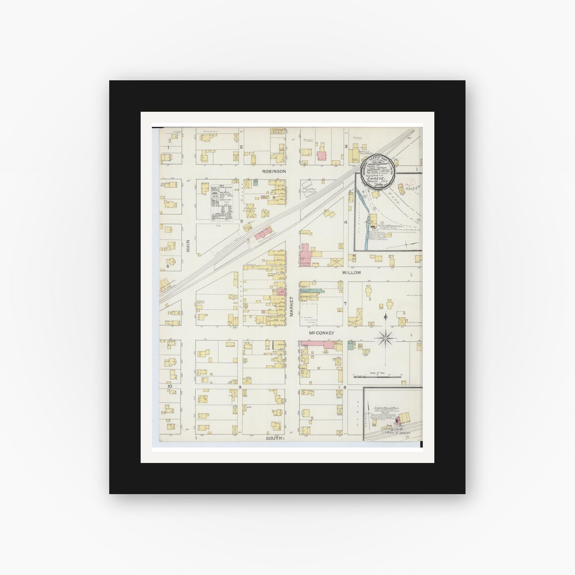 Old map wall art mockup — black gallery frame with white mat — Sanborn Fire Insurance Map from Shreve, Wayne County, Ohio (1892), Sheet #0001