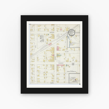 Old map wall art mockup — black gallery frame with white mat — Sanborn Fire Insurance Map from Shreve, Wayne County, Ohio (1892), Sheet #0001