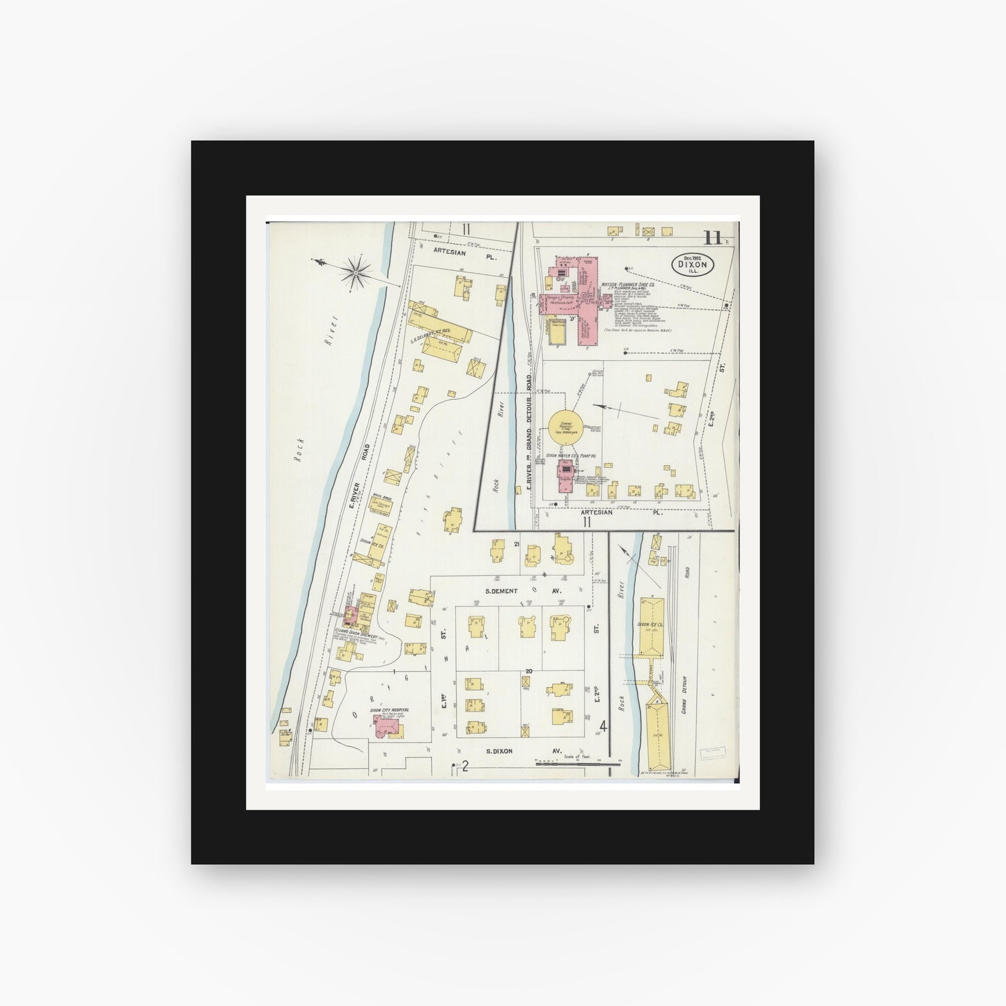 Old map wall art mockup — black gallery frame with white mat — Sanborn Fire Insurance Map from Dixon, Lee County, Illinois (1902), Sheet #0011