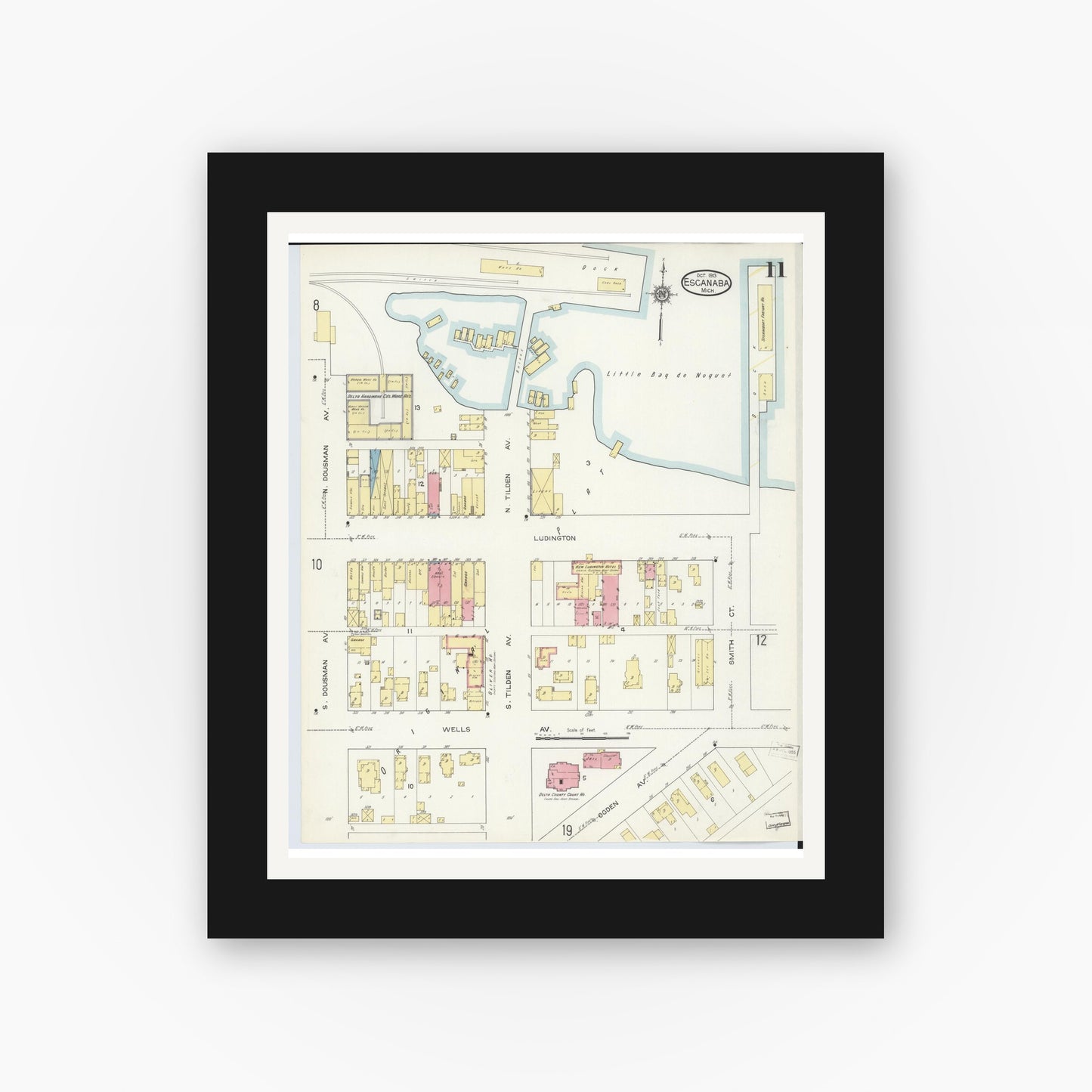 Old map wall art mockup — black gallery frame with white mat — Sanborn Fire Insurance Map from Escanaba, Delta County, Michigan (1913), Sheet #0011