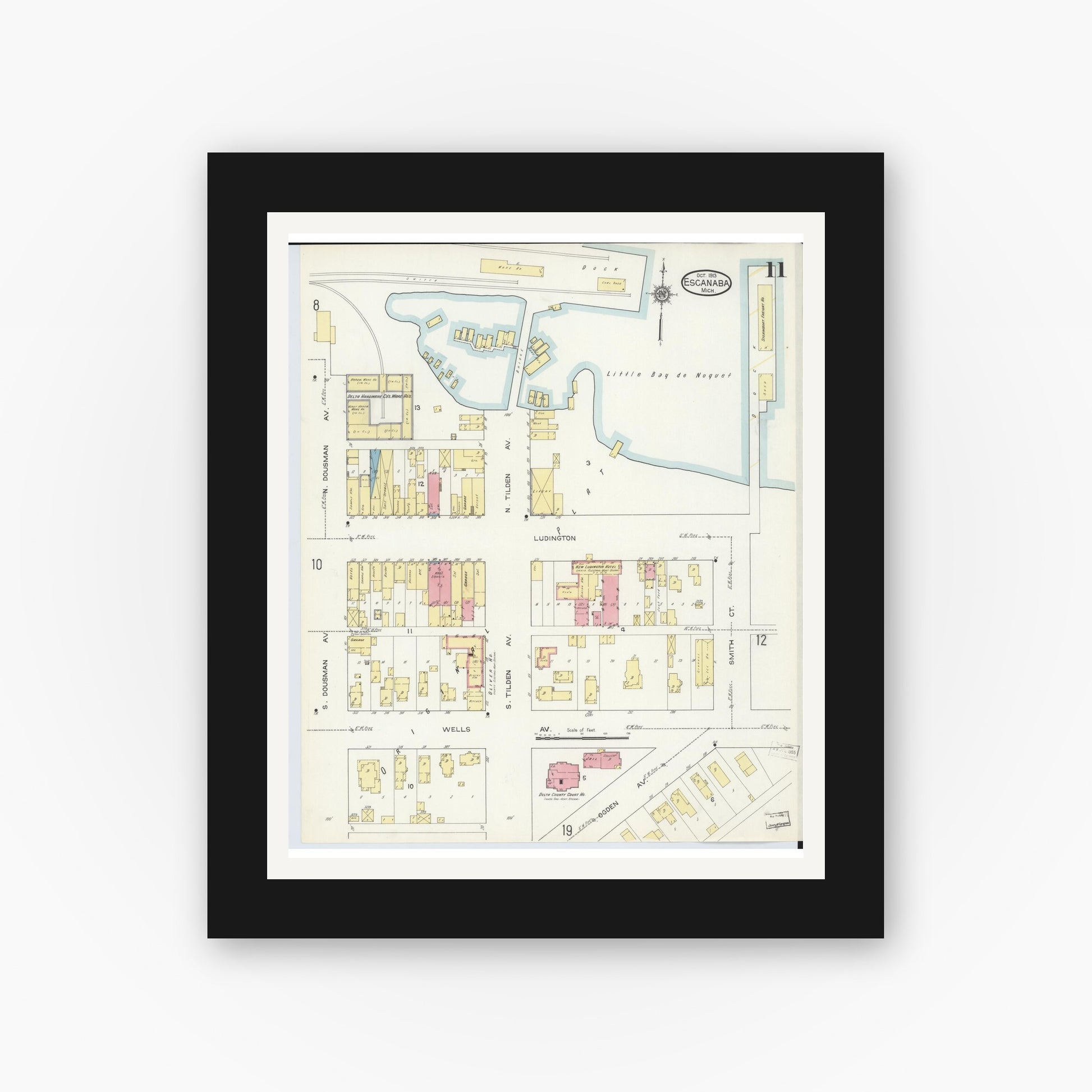Old map wall art mockup — black gallery frame with white mat — Sanborn Fire Insurance Map from Escanaba, Delta County, Michigan (1913), Sheet #0011