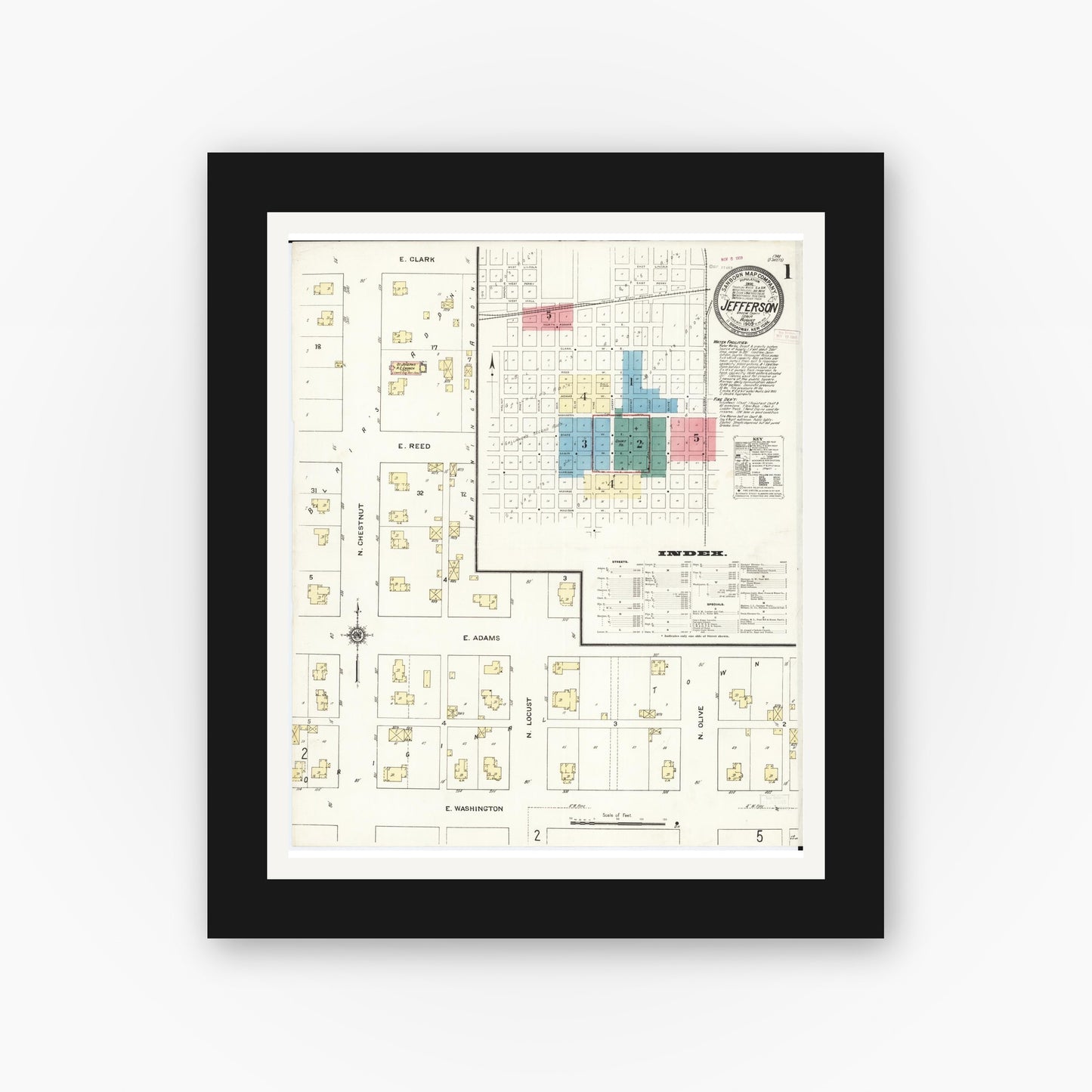 Old map wall art mockup — black gallery frame with white mat — Sanborn Fire Insurance Map from Jefferson, Greene County, Iowa (1909), Sheet #0001